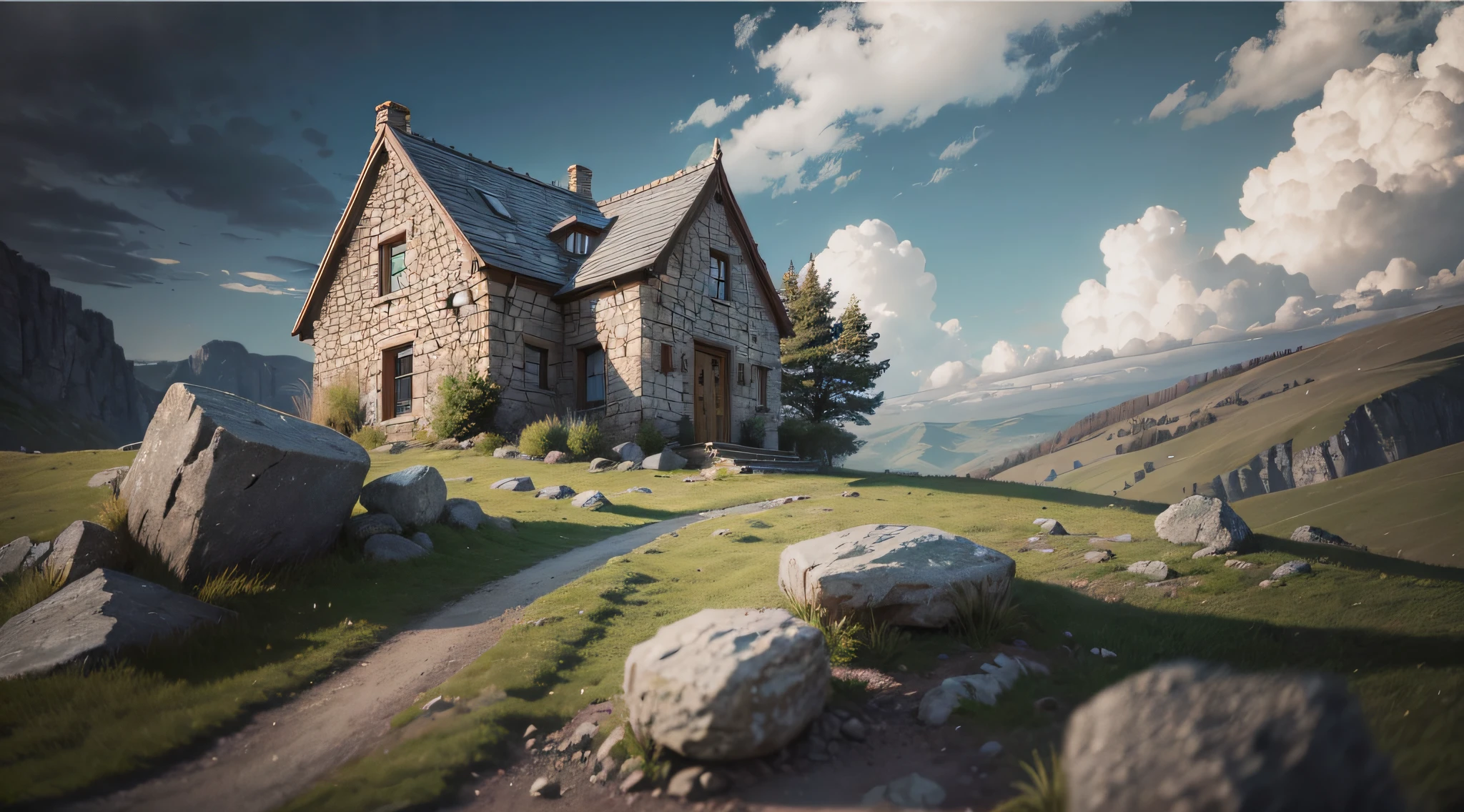 Very realistic photo with focus from the ground looking up from a {high peak} and a small stone house up there.