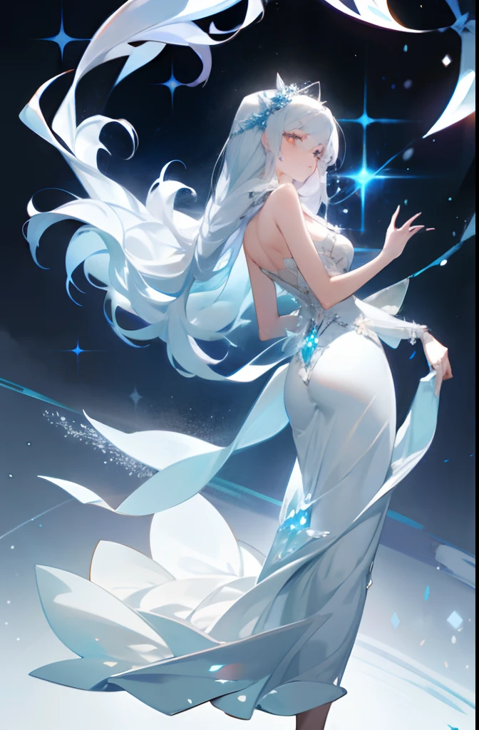 Generate an image of a young woman named Eve with an ethereal and otherworldly beauty. She has pale, shimmering skin resembling freshly fallen snow, and long, silvery-white hair that flows down her back like a cascade of moonlight. Her eyes are a captivating shade of crystal blue, wide and filled with boundless curiosity, often sparkling with wonder and innocence. Eve stands at an average height, with a slender and graceful figure that carries an air of elegance. Her attire consists of soft, flowing fabrics in icy blues and frosty whites, adorned with intricate patterns resembling frost and snowflakes. She wears delicate jewelry with sapphire-like gems that seem to glimmer like stars, adding to her mystical aura.
Full body,