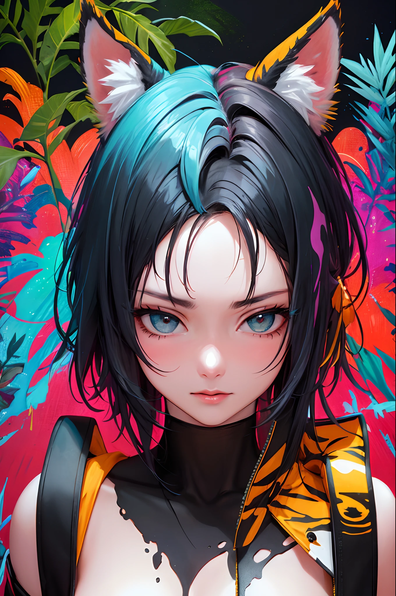 (masterpiece:1.1), (highest quality:1.1), (HDR:1.0), extreme quality, cg, (negative space), detailed face+eyes, 1girl, fox ears, animal ear fluff, (plants:1.18), (fractal art), (bright colors), splashes of color background, colors mashing, paint splatter, complimentary colors, neon, (thunder tiger), compassionate, electric, limited palette, synthwave, fine art, tan skin, upper body, (blu and red:1.2), time stop, sy3, SMM