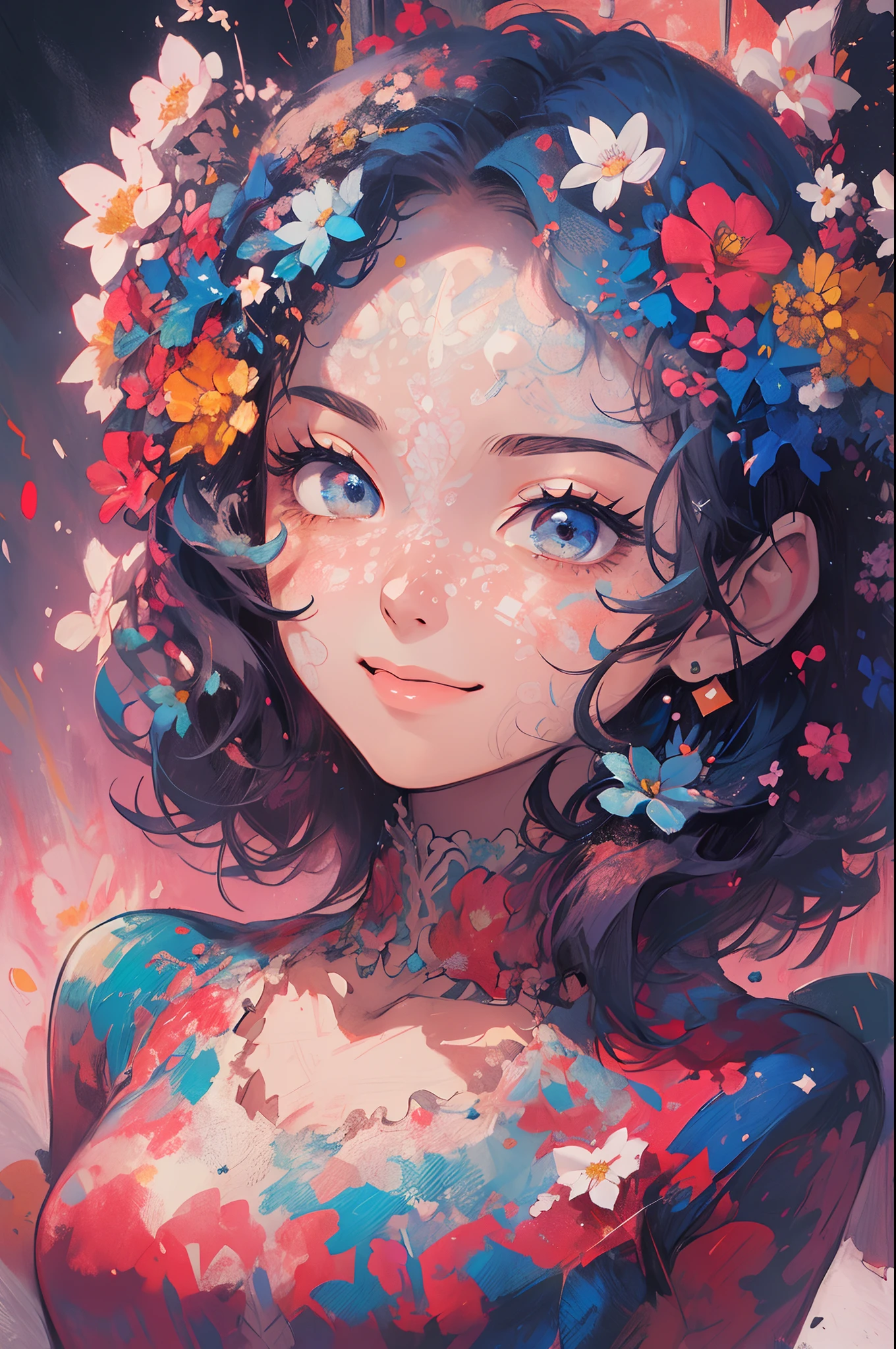 ((flowercrown)),Contemporary art created by tracing traces of colorful ink、​masterpiece、ultra-detailliert、pop-art、innocent smiles、eye glass、(1 girl, Solo:1.6),(Cute smile), (Best Impact:1.5), (maximalism:1.7), Vivid contrast, (Realistic), hyperrealistic illustrations, hight resolution, ultra-detailliert, absurderes,(Fractal Art:1.3)、One Piece Appearance、Random hairstyle、Random hair color colorful、FULL BODYSHOT、Retro、Precise focus、randome pose、cinema4d、Drama