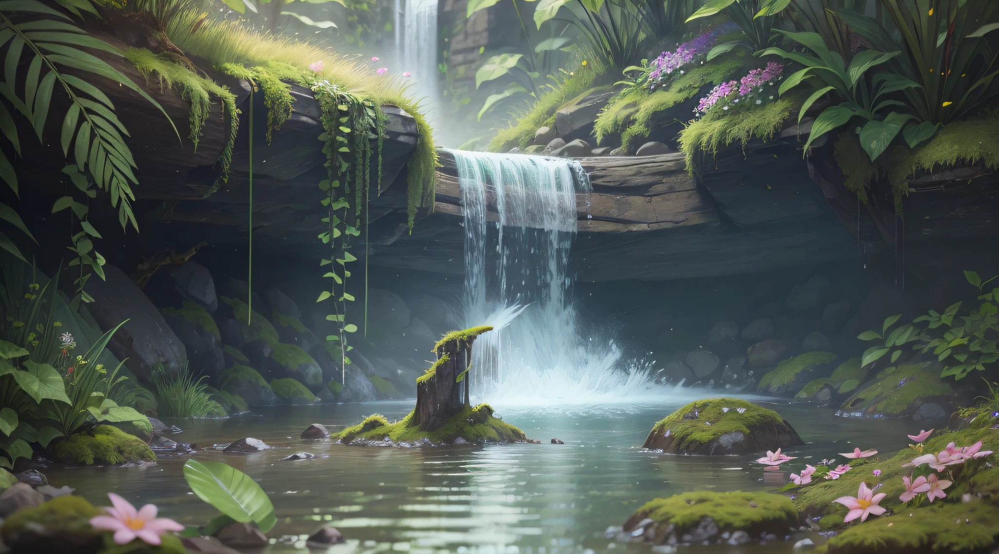 super realistic macro photo, focusing on waterfall, grass, moss and leaves, in the background some plants and flowers, night, super detail, super detail, super detail, super detail, super detail, super detail