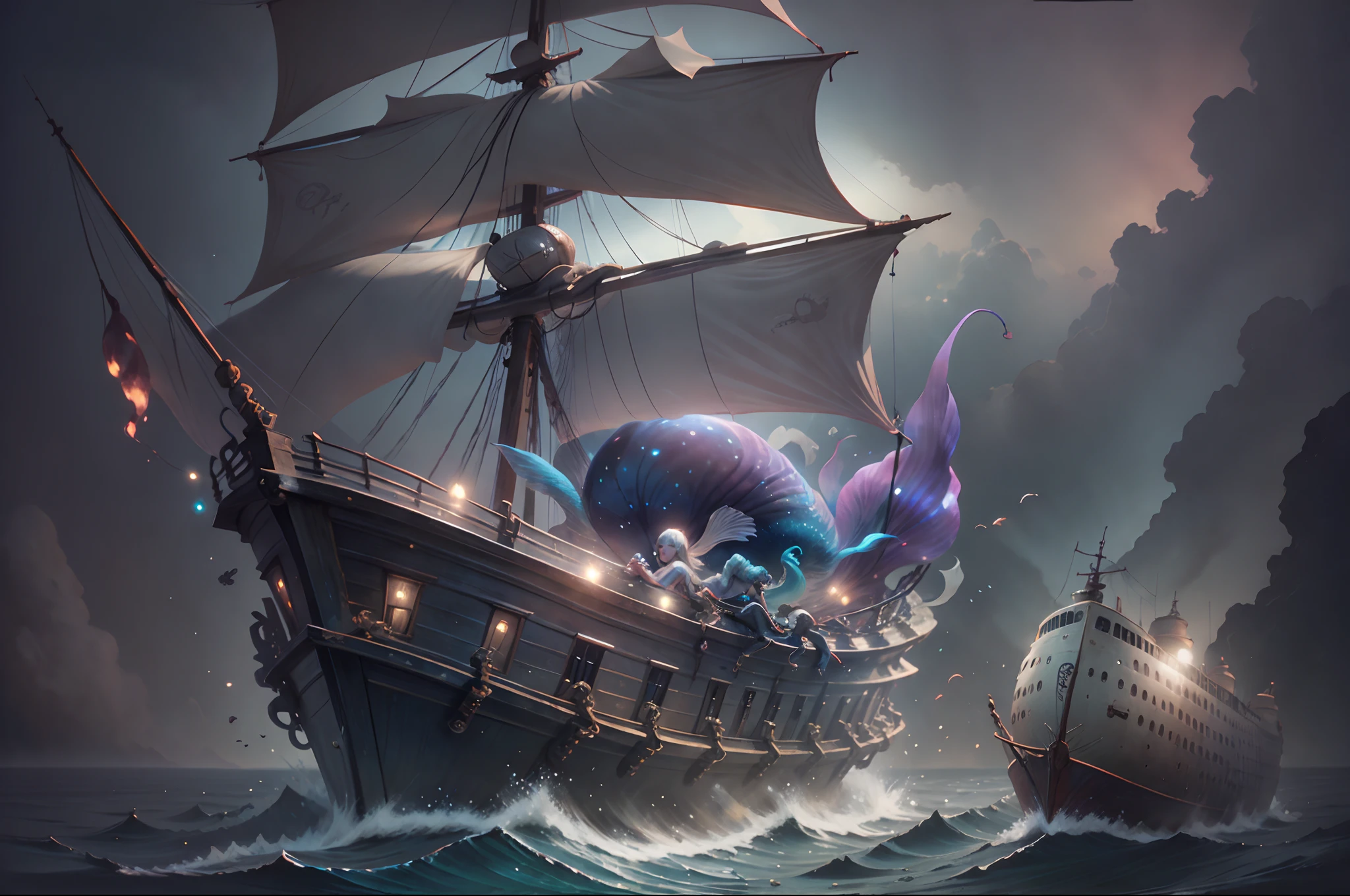mermaid riding a squid, sunken ship --auto --s2