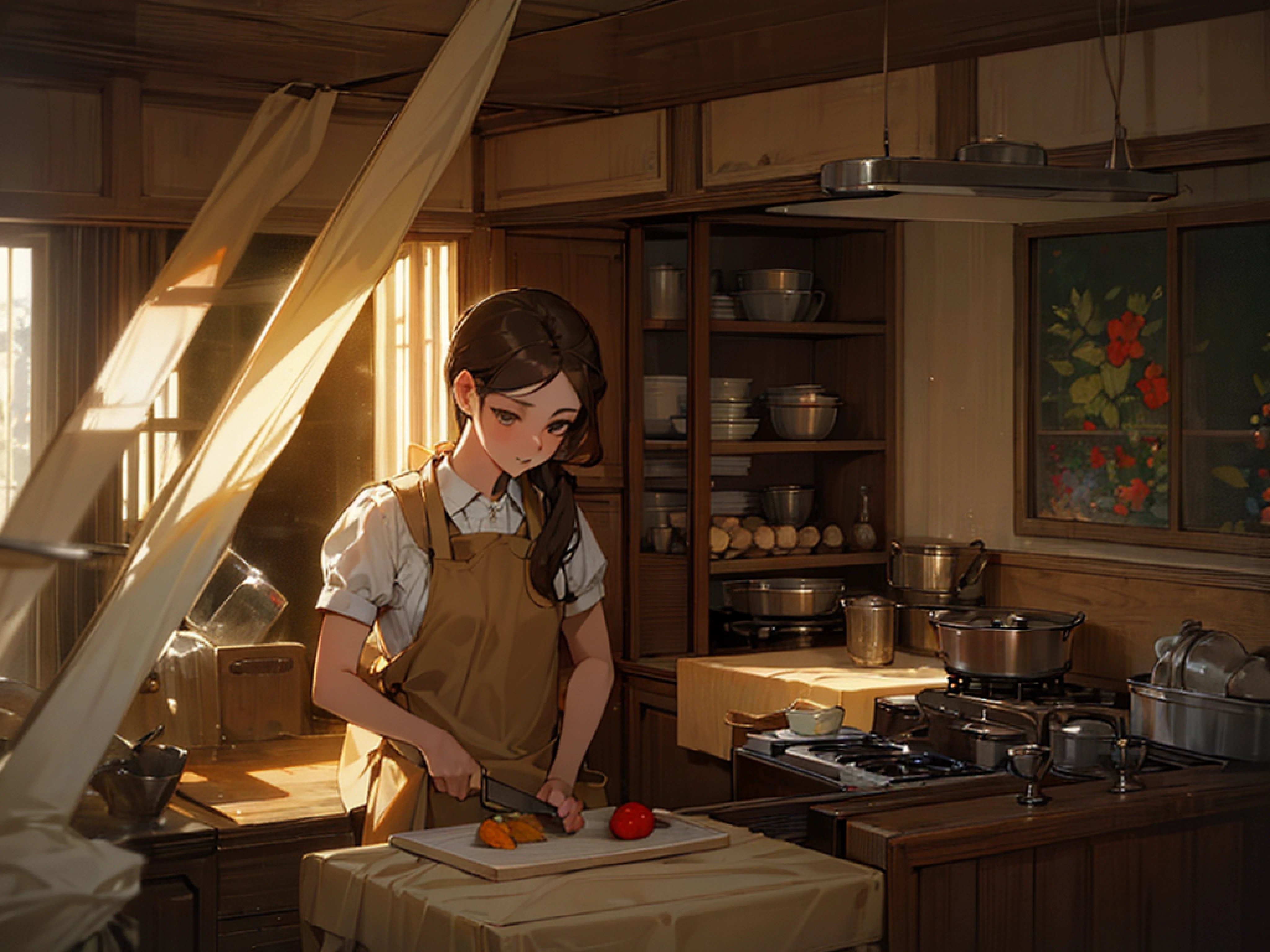 ((Masterpiece, Best quality)), 1 woman, long whitr hair,horse tailed,eye closeds,Cut vegetables,8K, Masterpiece,Detailed background, illusory engine, Global illumination, (((Brown apron))), Sunny weather, Soft light shines through the windows, kitchens