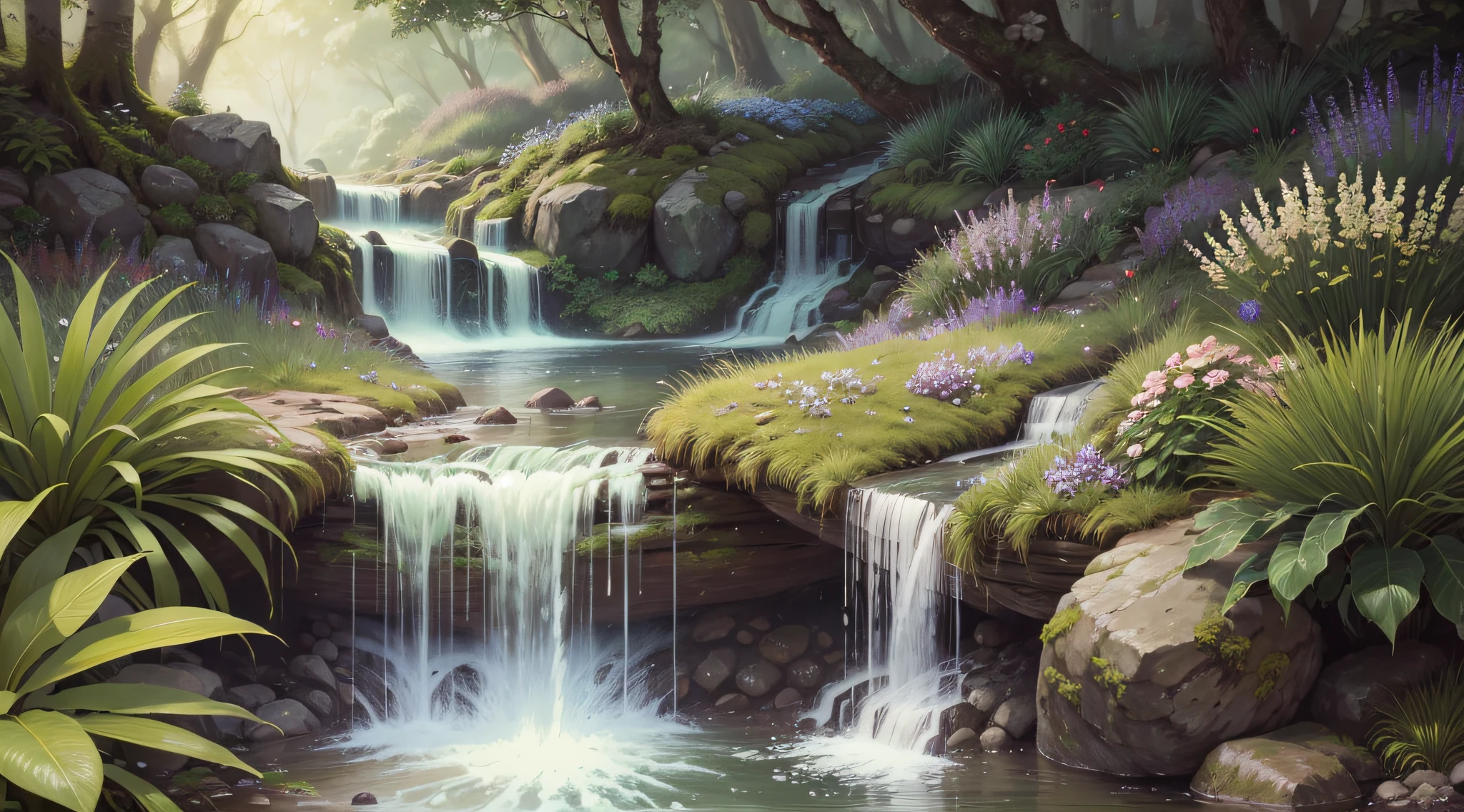 super realistic macro photo, focusing on waterfall, grass, moss and leaves, in the background some plants and flowers, night, super detail, super detail, super detail, super detail, super detail, super detail