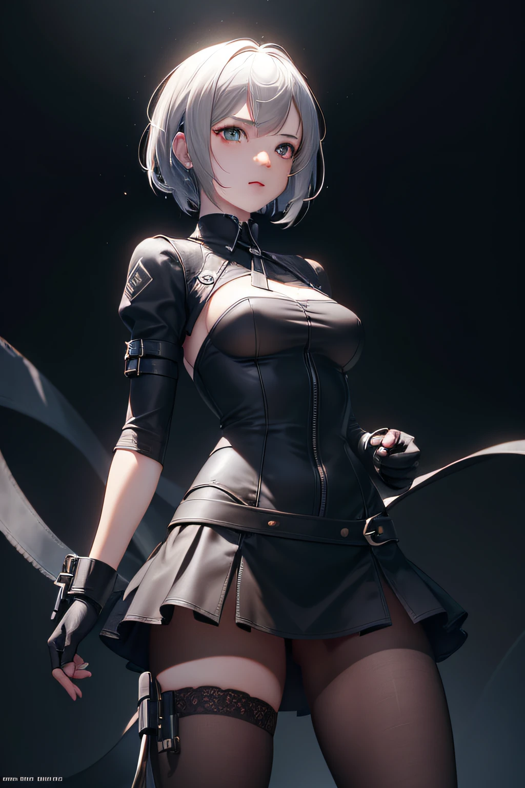 (Young Face),(Perfect eyes), (Perfect hands), (Perfect fingers), (neck-length short hair: 1.5), (Concise tight skirt: 1.3), Silver hair, Collar, (gloves: 1.2), (guns), chains, in the distant future, the line between science fiction and fantasy has disappeared,(Very detailed CG 8k wallpaper), (Extremely delicate and beautiful),Beautiful lighting, Realistic Shadows, [High resolution], detailed skins, Ultra Detail, nffsw (High dynamic range), Ray tracing, NVIDIA RTX, Hyper-Resolution, Unreal 5, Subsurface scattering, PBR Textures, Post-processing, Anisotropy Filtering, depth of fields, Maximum sharpness and sharpness, Multilayer Texture, Albedo and Highlight Mapping, Surface Shading, Accurate simulation of light-material interactions, Perfect proportions, Octane Render, bi-color light, Large aperture, Low ISO, White Balance, thirds rule, ,Dutch Angle,Good anatomy),Dynamic Pose, actionpose, open pose, (dark brown eyes),with strobe light、Dramatic shadows and highlights、Create images with a sense of depth and three-dimensionality,1 Female Gothic、Tangles、ornate,