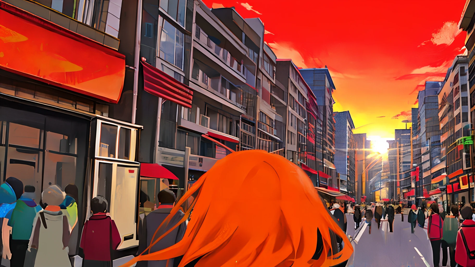 Many people on a street,With a red flag,The sun in the sky is red
