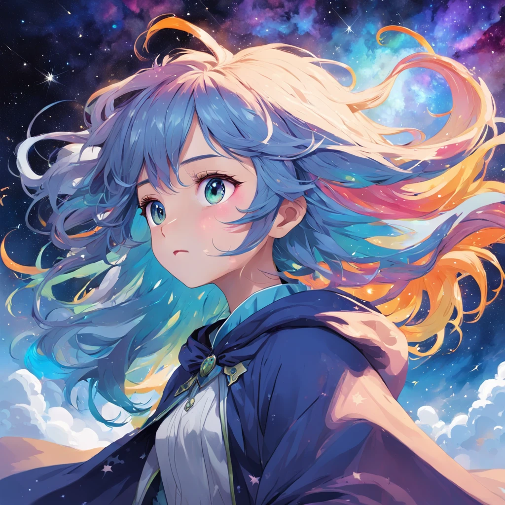 ((masterpiece)), (((best quality))), ((ultra-detailed)), ((illustration)),[realism light effect],shadow,(Fantasy style),(white background:1.6), simple background, (earth theme),(a cloak)[(hair focus,((1girl)),[(big slime hair): (cloud hair):0.3], (hair on background),(high saturation),(hair surrounded by galaxy splashes),)):((her hair is becoming galaxy clouds,:1.27628), (hair and clothes is galaxy clouds and cluster of stars:1.1025),(a cloak is becoming galaxy clouds)(colorful_galaxy_print_clusters_of_stars_print:1.35),((detailed starry sky with colorful galaxy and galaxy clouds):1.2)):0.35], (((masterpiece))),(((best quality))),((ultra-detailed)),(illustration),(dynamic angle),((floating)),(paint),((disheveled hair)),((beautiful detailed face)),collar,bare shoulders, ((colorful hair)),((streaked hair)),beautiful detailed eyes,(Gradient color eyes),(((colorful eyes))),(((colorful background))),(((high saturation))),(((surrounded by colorful splashes))),(((surrounded by colorful dot))),colorful bubble,((shining)),