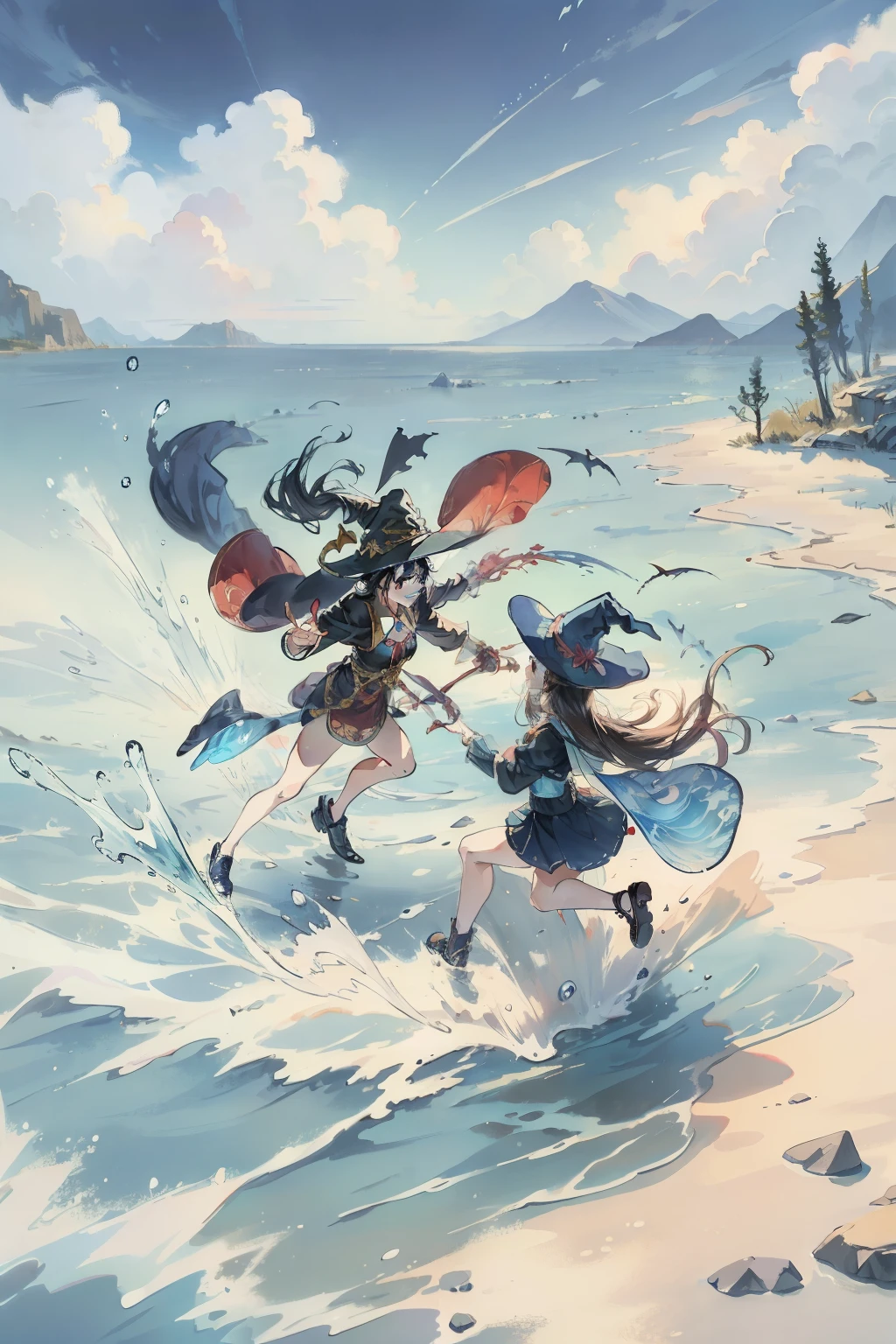 Bright colors,Magic background,loong background,water background,the sky background,2girls,witch hat,dragon horn,is very beautiful,Dress conservatively,Fighting posture