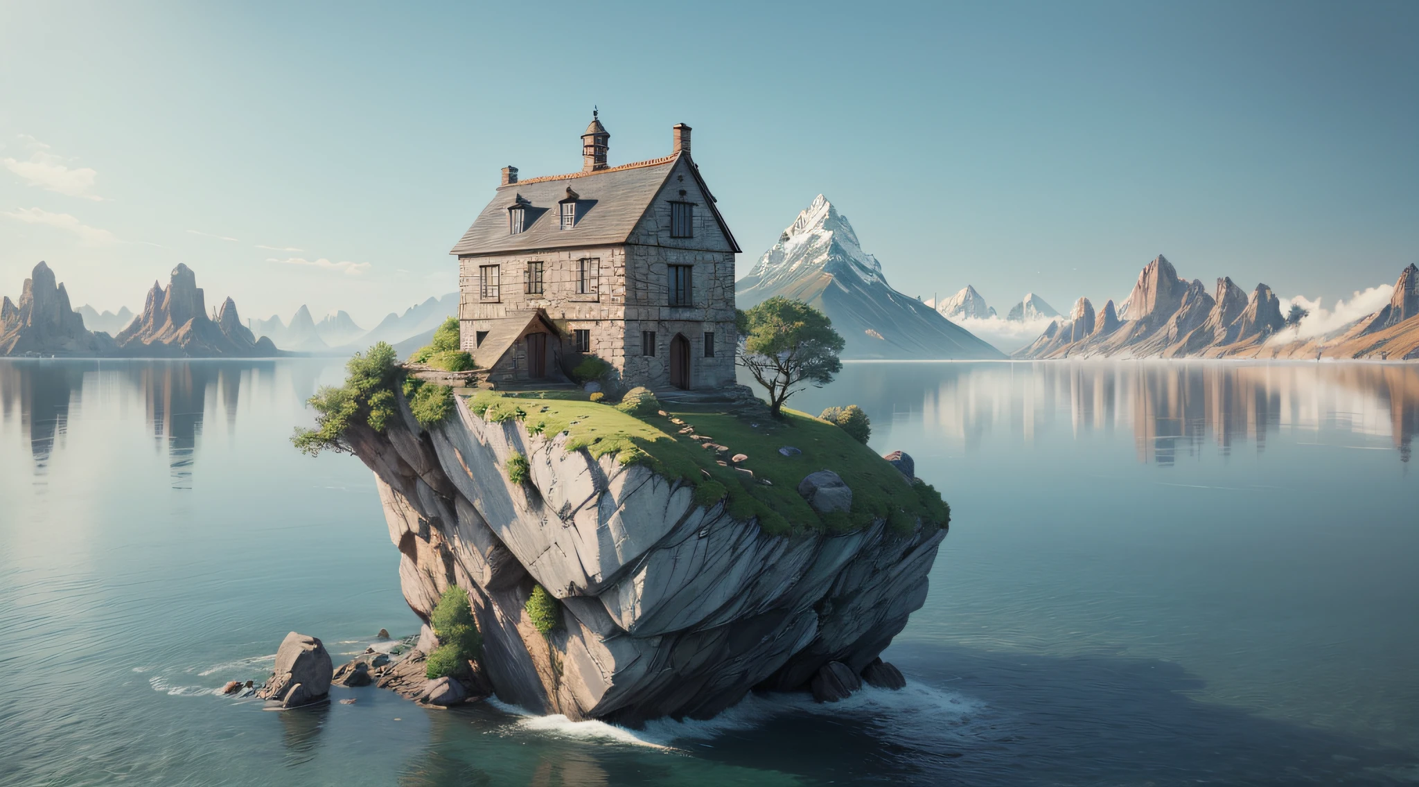 Super realistic image of a small stone house, right on top of a 100 meter high peak, peak surrounded by water.