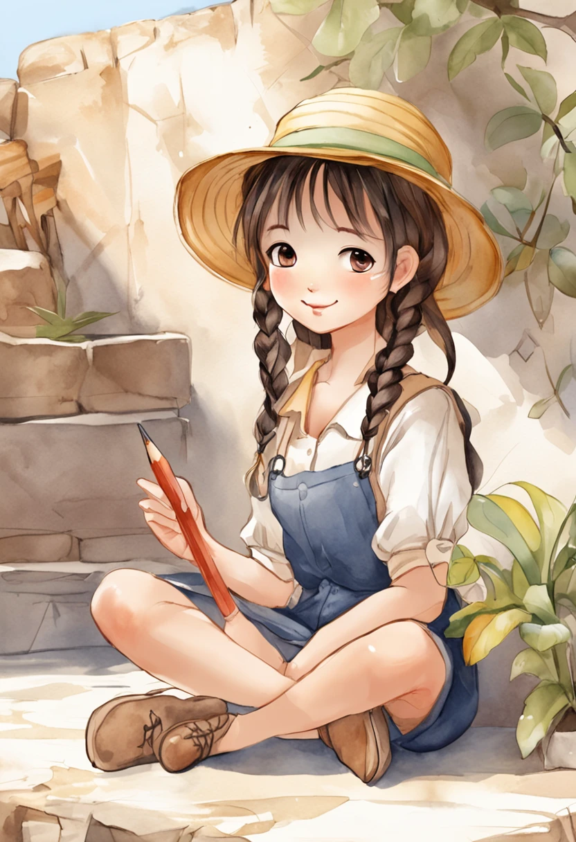 1girl with a pencil,solo,overalls,hat,closed eyes,sitting,shirt,braid,twin braids,smile,blush,shoes,female child,pencil,white headwear,holding,simple background,twintails,full body,brown hair,indian style,child,black hair,long hair,yellow shirt,