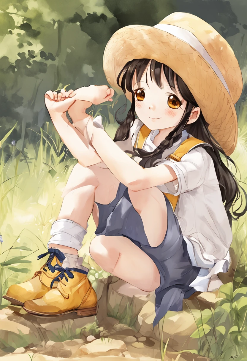 1girl with a pencil,solo,overalls,hat,closed eyes,sitting,shirt,braid,twin braids,smile,blush,shoes,female child,pencil,white headwear,holding,simple background,twintails,full body,brown hair,indian style,child,black hair,long hair,yellow shirt,