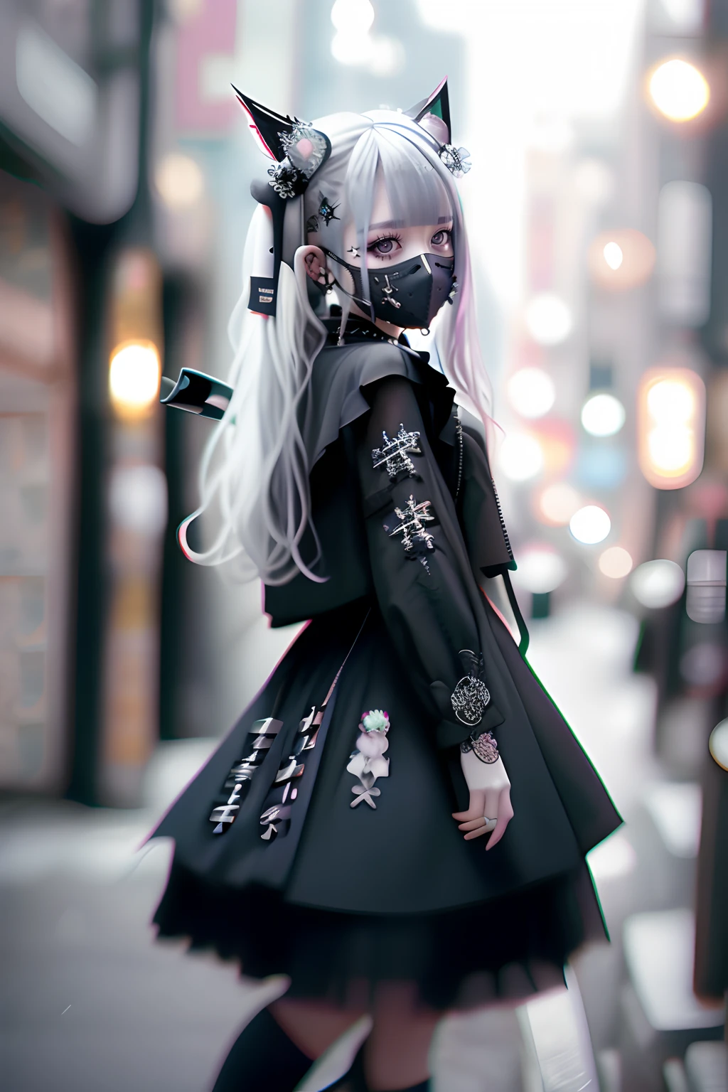 goth_punk, 1girl in, 独奏, medium shot, Walking in Harajuku, ((during night)), bokeh dof, neon light, iridescent eyes, starrysky, a blond,Black mesh hair、 Black eyebrows, Radiant hair, (iridescent white hair), 耳Nipple Ring, bangss, jewely, masks, bluntbangs, verd s eyes, Mouth mask, blurry backround, bblurry, hair adornments, Look at viewers, shorth hair, portraitures, side locks