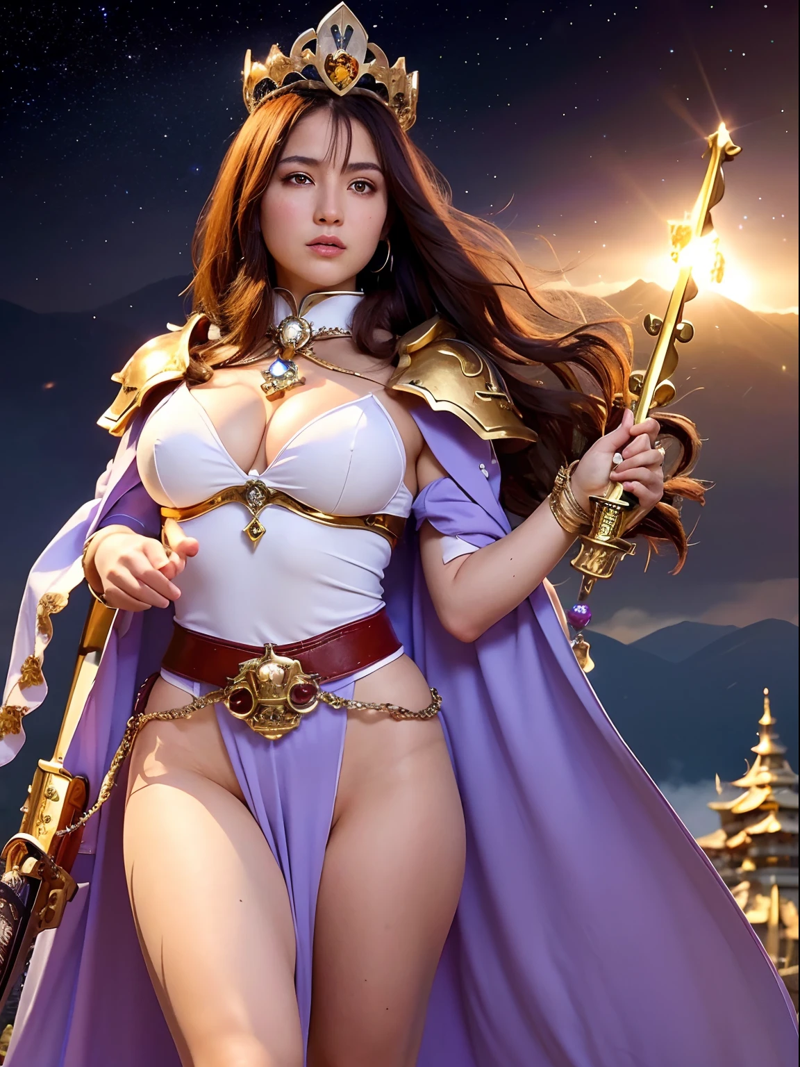Professional , masterpiece、top-quality、photos realistic , depth of fields (Gemstone Silver Metal Body:1.9),(Matte Silver、Jewel Gold Weapon、(Gorgeous castle background)、Holding the Sword of Heroes、(Jewel White Metal Body:1.4),((Gorgeous Jewel Metal Weapons)) , Fighting、((Holding the Sword of Heroes)) ,(close-up,dream magical,tornado ) ,(Micro Bikini Armor),warhammer 40k , adepta sororitas,Detail and ornate jewel crown、Brown hair、Mystical expression、(Gangle's forest background)、1a person、dynamic ungle,(((Diamond tiara with detail and luxury)))、a small face、A smile、Powerful poses、(Gorgeous castle background)、huge filesize、20 year old beautiful woman、Thin female fingers、Straight long hair、Beautiful Japan person々The beauty of、Mystical expression、Lightly open your mouth、,Luminescent particles,light scattering,Tindall Effect、Fighting、Twin tail hair、