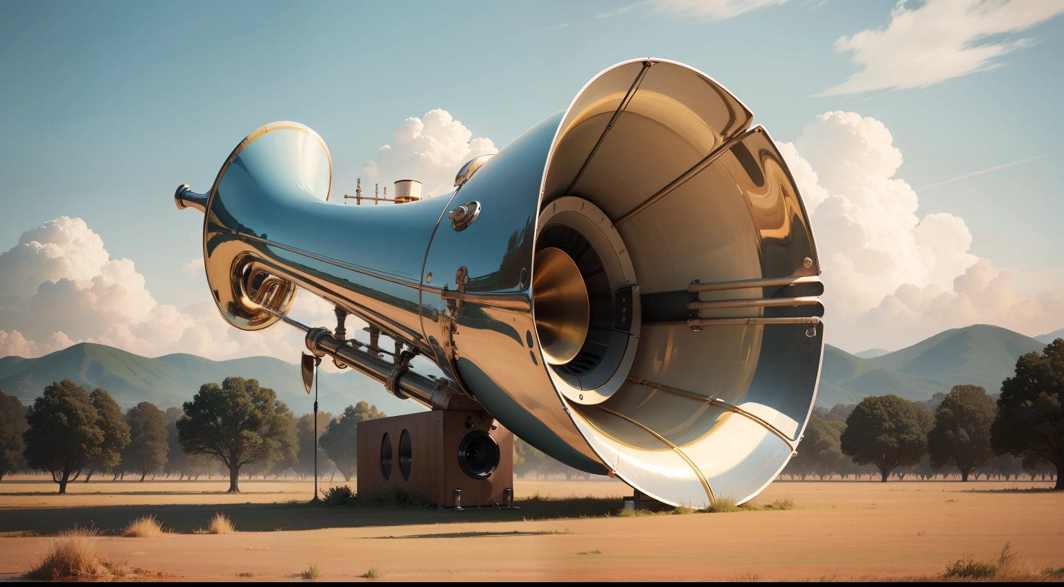 Huge trumpet-shaped listening machine on an open field,A curved tube is attached to the human ear