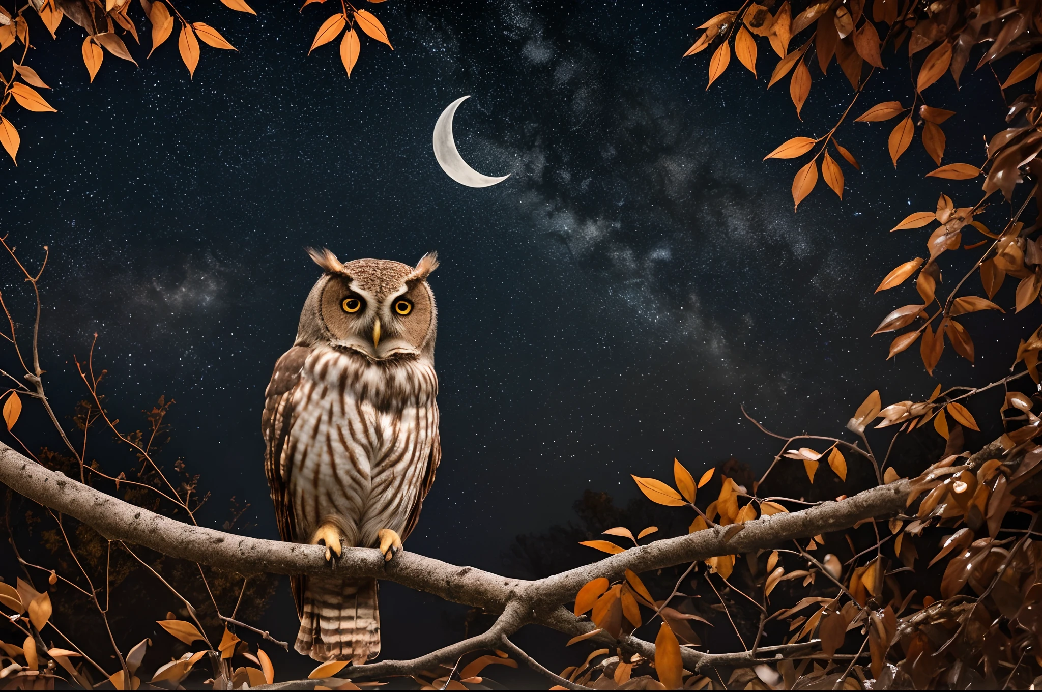 "RAW photo, best, masterpiece, best quality, high quality, extremely detailed, a rust brown owl with black spots, in a leafy tree, it's a crescent moon night, stars in the sky, cinematic color, scene from a movie , intricate details, the best quality, very realistic."