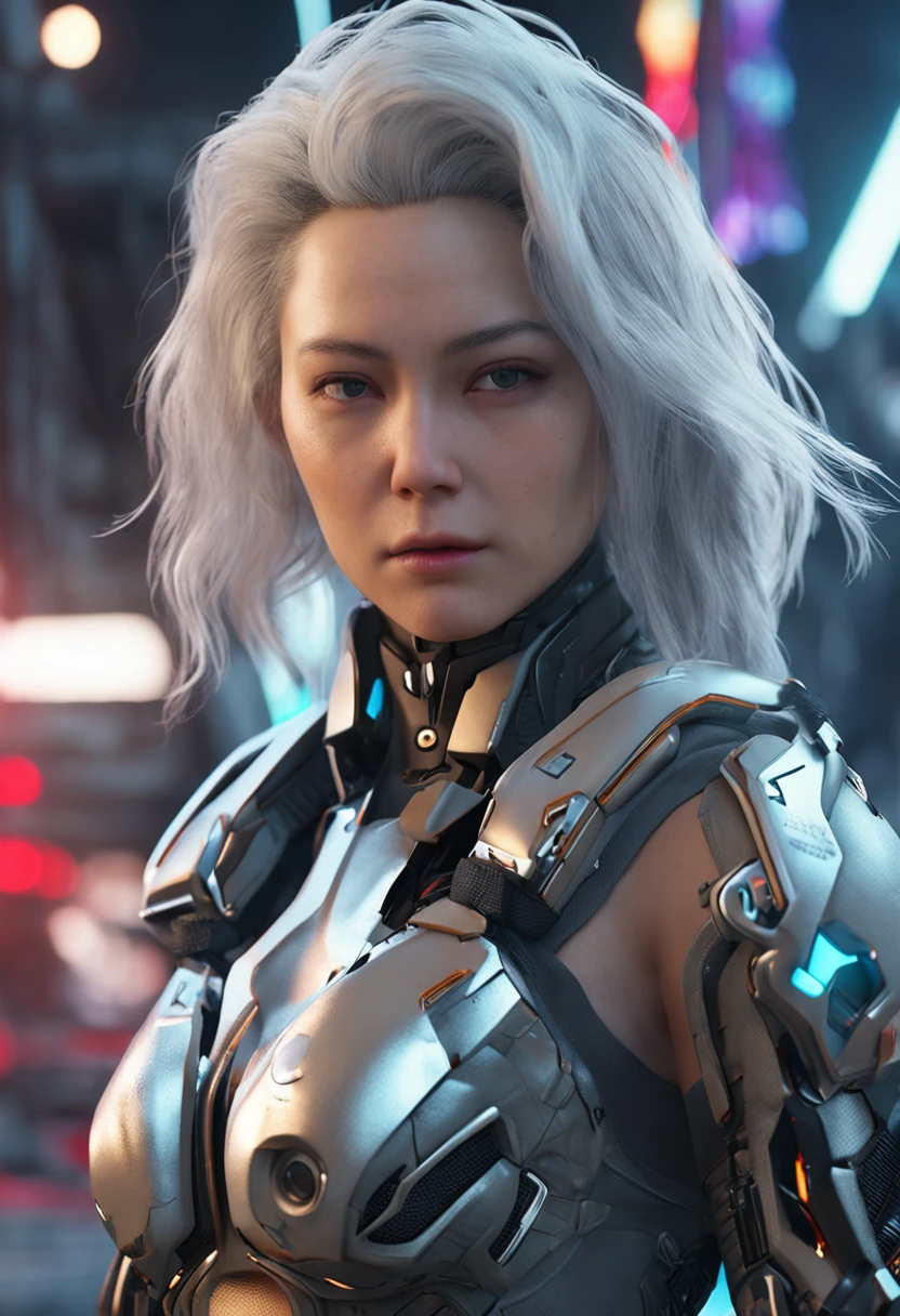 top-quality、8K Masterpiece、超A high resolution、(Photorealsitic:1.3)、Raw photo、女の子1人、silver white hair、glowy skin、1 Cyberpunk Super Beautiful Soldier、((super realistic details))、portlate、globalillumination、Shadow、octan render、8K、ultrasharp、beauty breast、Raw skin is exposed in cleavage、metals、cold color、、highly intricate detail、Realistic light、CGSoation Trends、Beautiful eyes、radiant eyes、Facing the camera、neon details、