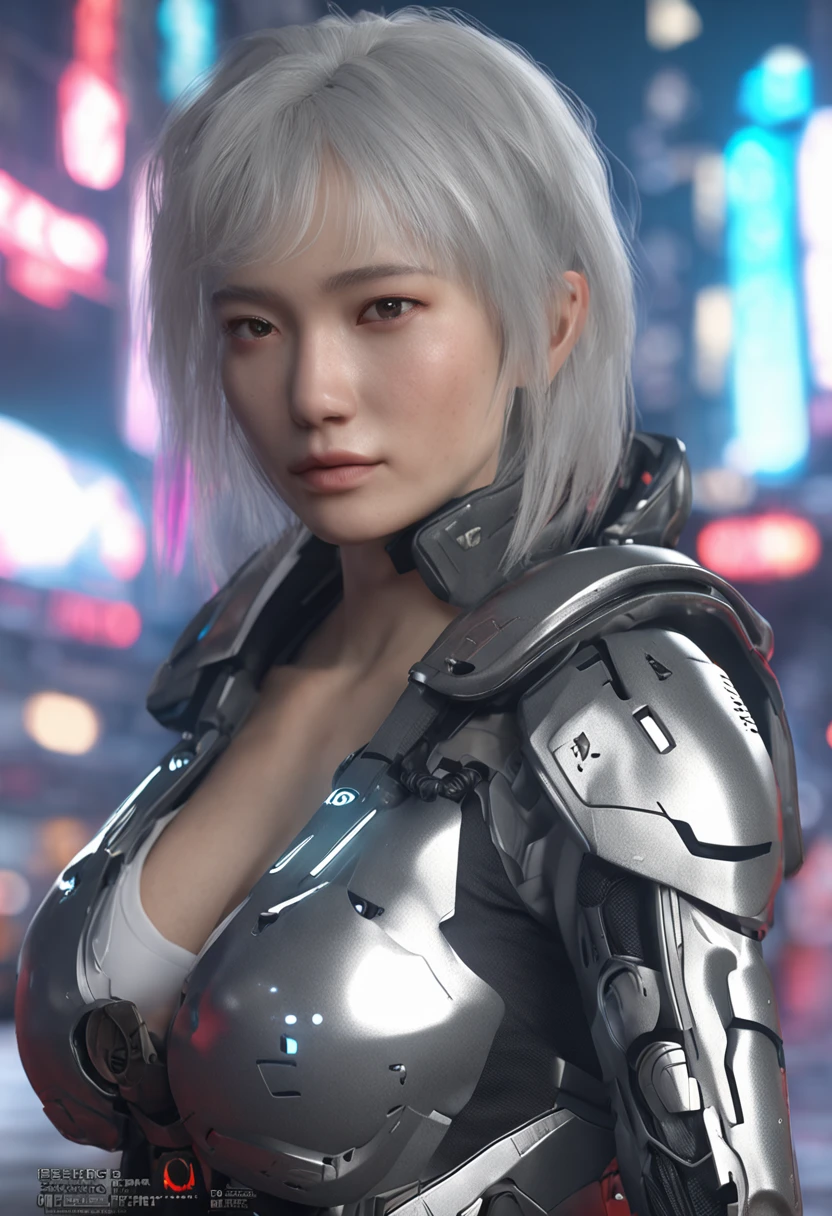 top-quality、8K Masterpiece、超A high resolution、(Photorealsitic:1.3)、Raw photo、1人、silver white hair、glowy skin、1 Cyberpunk Super Beautiful Soldier、((super realistic details))、portlate、globalillumination、Shadow、octan render、8K、ultrasharp、beauty breast、Raw skin is exposed in cleavage、metals、cold color、、highly intricate detail、Realistic light、CGSoation Trends、Beautiful eyes、radiant eyes、Facing the camera、neon details、