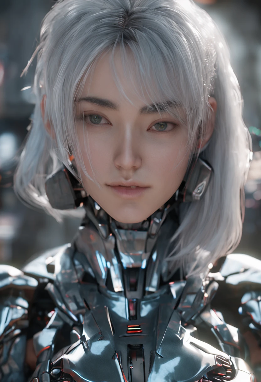 top-quality、8K Masterpiece、超A high resolution、(Photorealsitic:1.3)、Raw photo、女の子1人、silver white hair、glowy skin、1 Cyberpunk Super Beautiful Soldier、((super realistic details))、portlate、globalillumination、Shadow、octan render、8K、ultrasharp、beauty breast、Raw skin is exposed in cleavage、metals、cold color、、highly intricate detail、Realistic light、CGSoation Trends、Beautiful eyes、radiant eyes、Facing the camera、neon details、