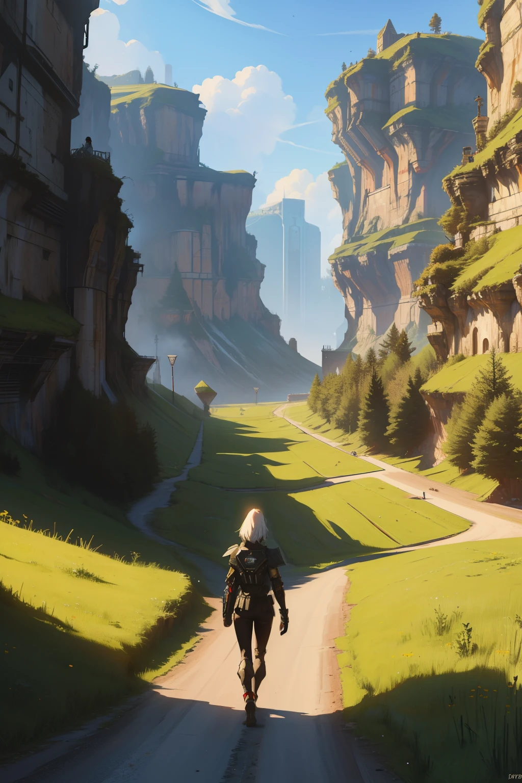 fantasy style,4k,HD,4k_image,Super Realistic Detailed,cyberpunk,arafed road on it in the middle of a field, there is a long road going through a mountain range