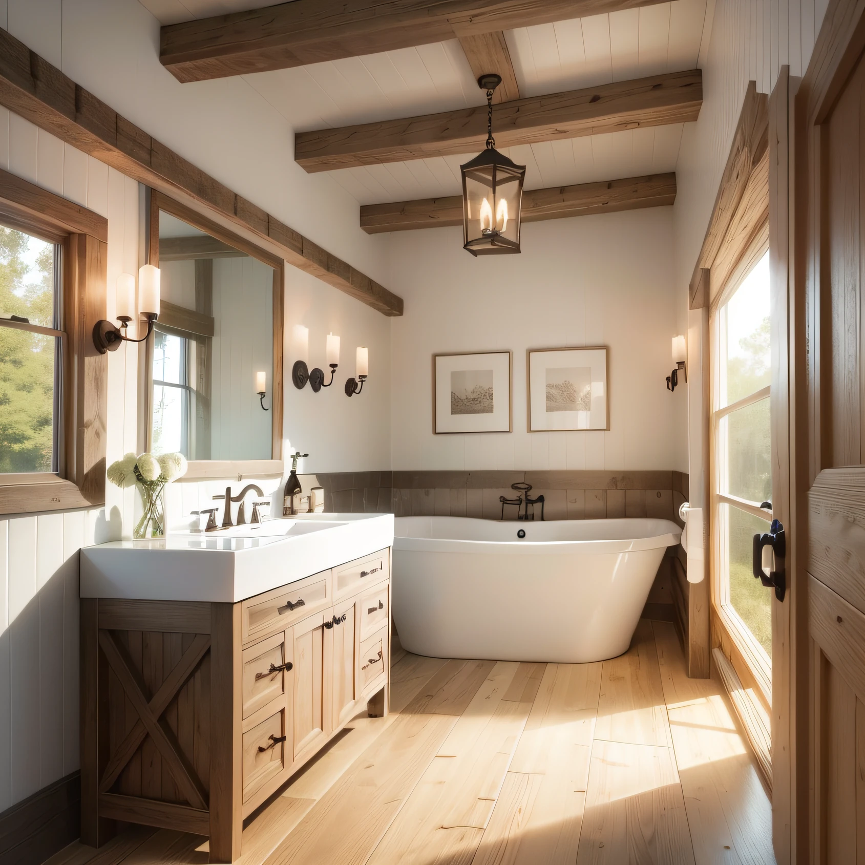 farmhouse white bathroom with Rustic Flooring and Wooden Beams