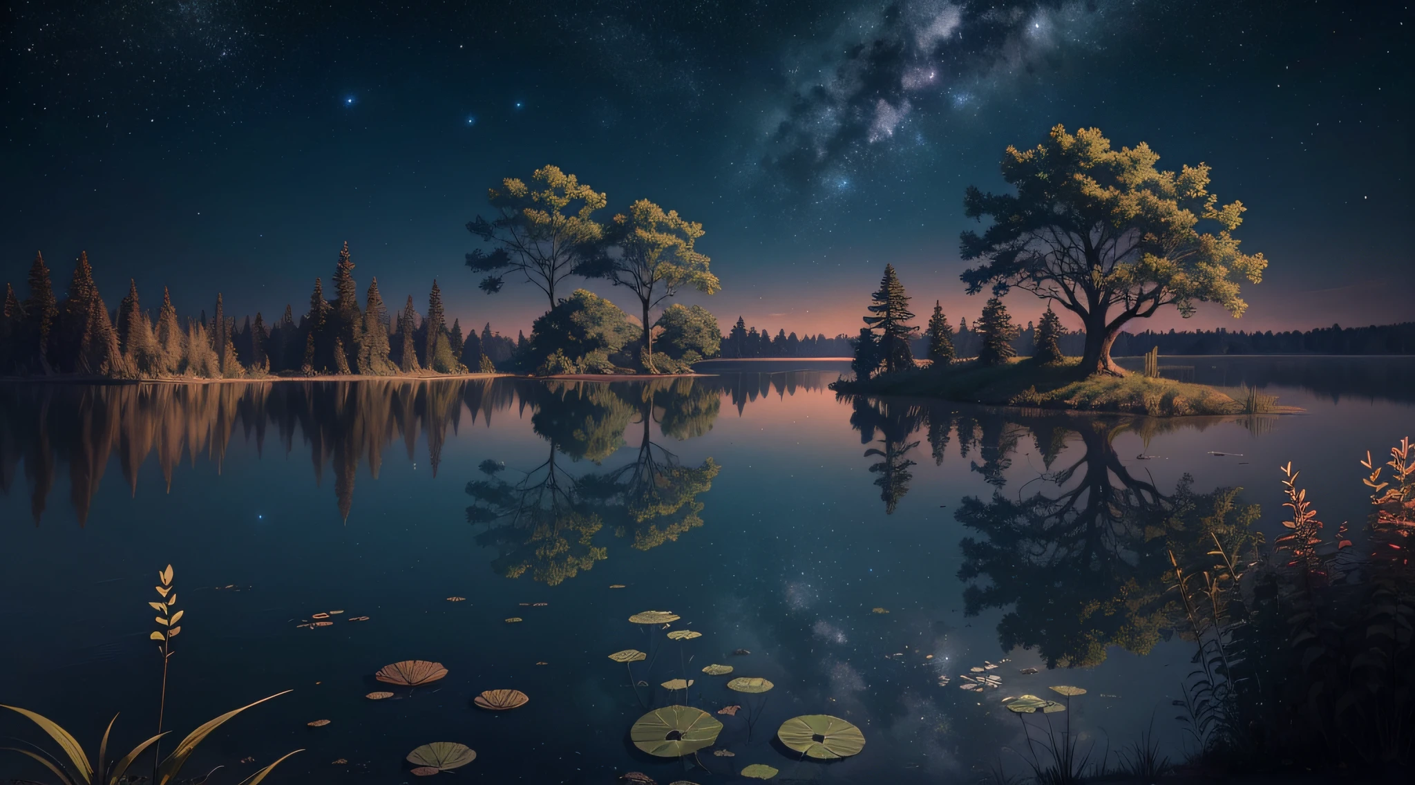 Super reapist image of a beautiful night with very starry sky, vegetation on earth, low trees, lake with water mirroring the sky, paid with swamp plants.