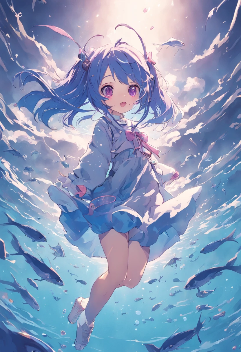 Cute flying fish anthropomorphic，blue  hair， style，Purple pupils，Lovely loliutfit，White knee-length socks，Barefoot