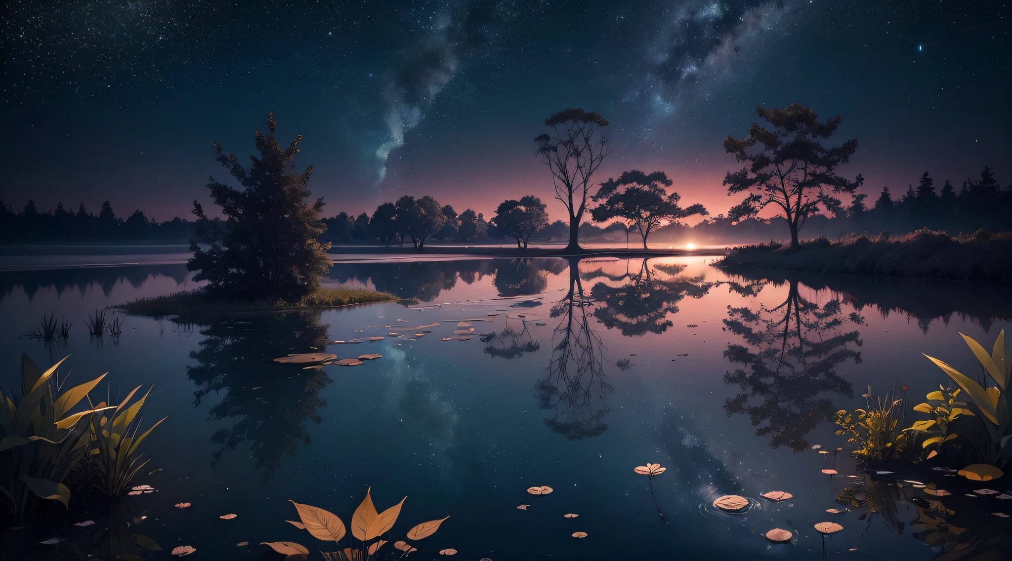 Super reapist image of a beautiful night with very starry sky, vegetation on earth, low trees, lake with water mirroring the sky, paid with swamp plants.