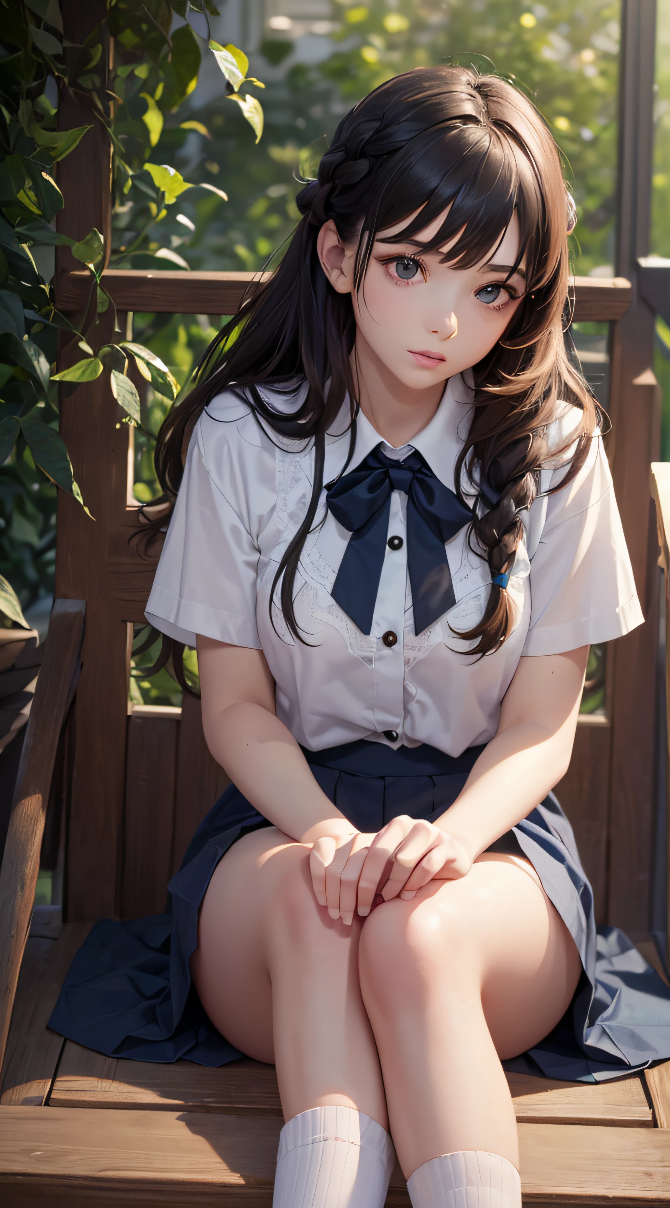 masterpiece, best quality, super detailed, illustration, colorful, falt color, depth of field, lens flare, 1girl, anime, sitting, brunette, looking at viewer, school, classroom, pleated miniskirt, school uniform, serafuku, black Pantyhose, detailed skin texture, detailed cloth texture, beautiful and detailed face,