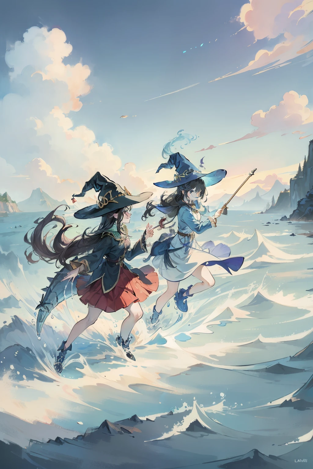 Bright colors,Magic background,loong background,water background,the sky background,2girls,witch hat,dragon horn,is very beautiful,Dress conservatively,Fighting posture