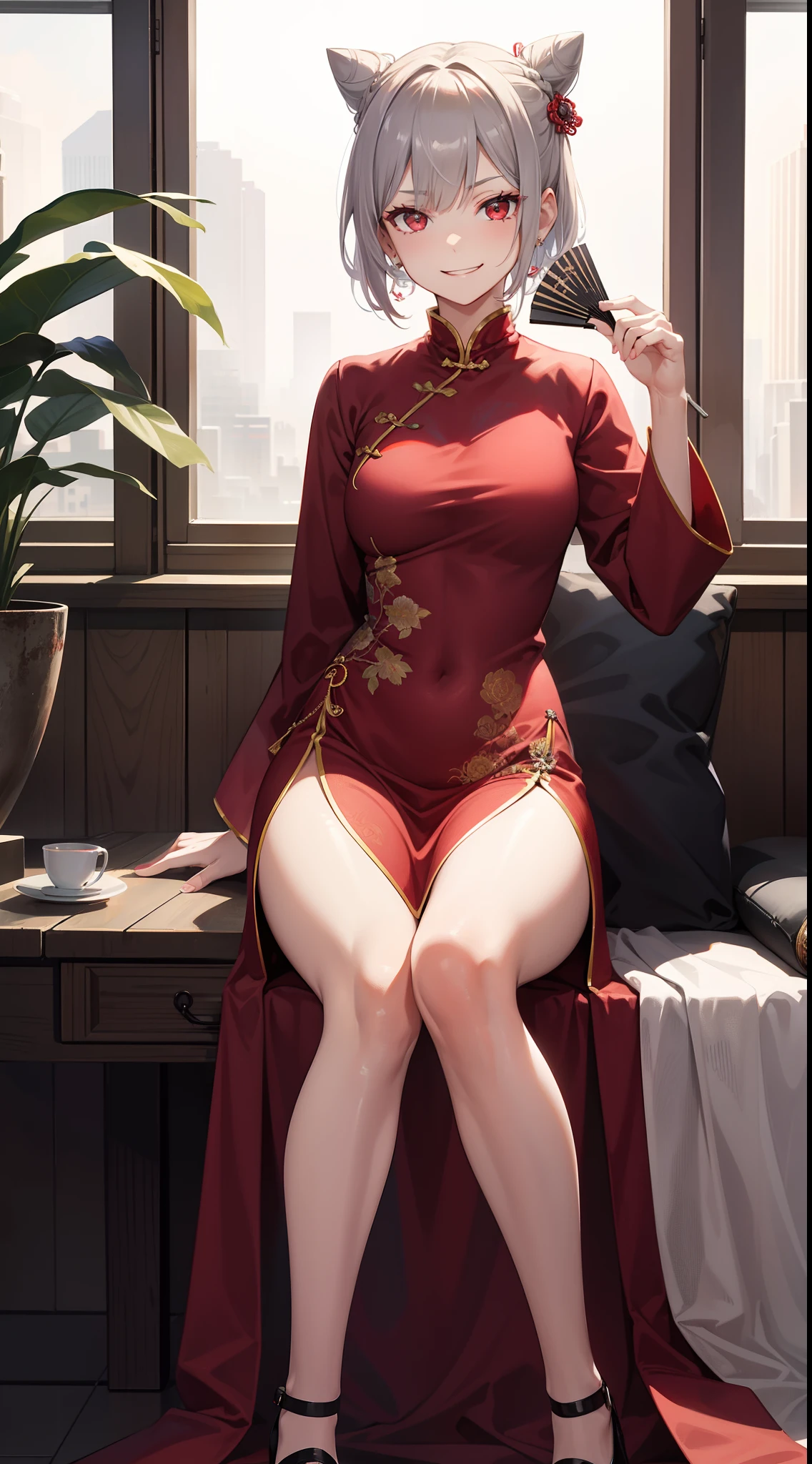 one-girl,Wearing a long red cheongsam,Royal sister,Around 18 years old,eBlue eyes,huge tit,Tight,Face optimization,Standing in the house,Open the thighs,see face,ssee-through,Ball head,Hold your chest with your elbows,chineseidol,Front Shooting,Wear cloth shoes,nail art,Five fingers