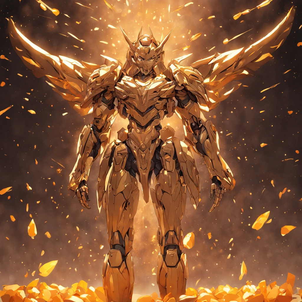 character sheets, Mecha body, Made from small golden carrots, Ultra-detailed complex 3D rendering with porcelain silhouette of Heka's tomb, Minimalist beauty , rim lit, vibrant detail, Hyper-realistic, hand, face muscles, elegant, octane, h.r.