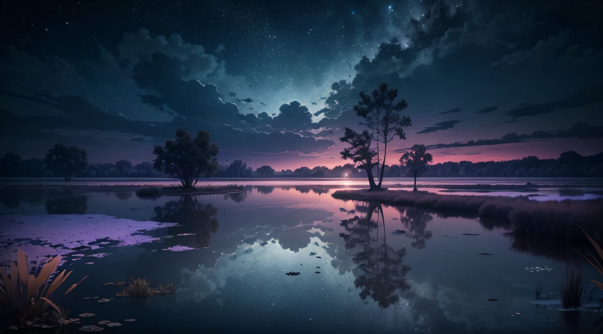 Super reapist image of a beautiful night and cloudy, without stars, clouds, 1 moon, no sun,  vegetation on earth, low trees, lake with water mirroring the sky, paid with swamp plants.