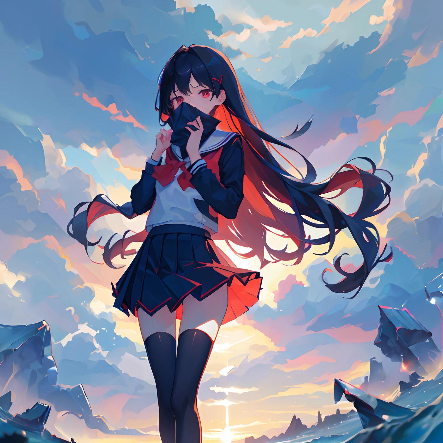 tmasterpiece,best qualtiy,Correct limbs,Girl covering her mouth,is shy:1.5,Be red in the face:1.5,JK school uniform,emaciated,a black pleated skirt,black lence stockings,thin very long legs,18year old,High School Seniors,school ground