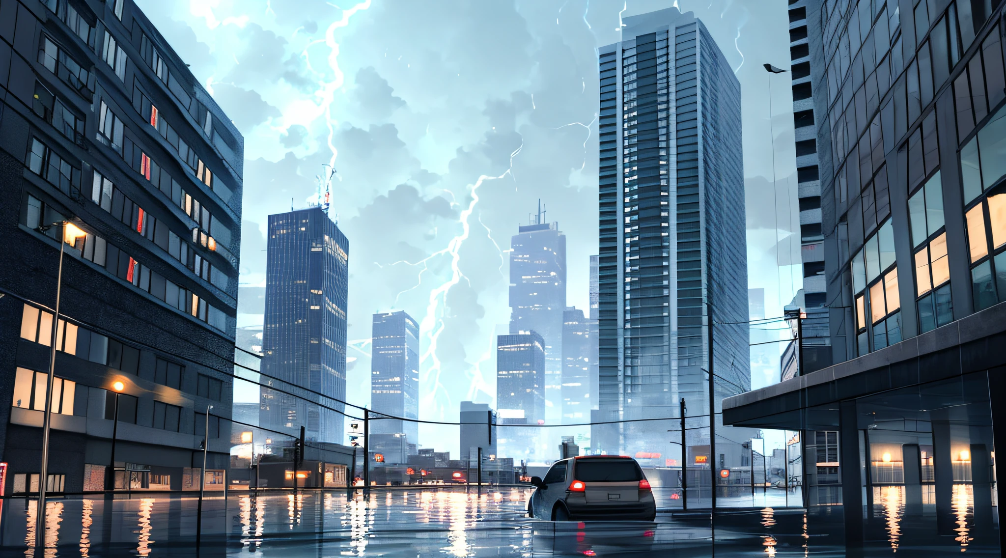 There is a car driving down a city street in the rain - SeaArt AI