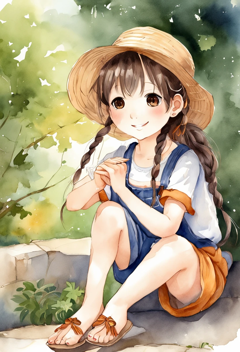 1girl with a pencil on her hand,solo,overalls,hat,closed eyes,sitting,shirt,braid,twin braids,smile,blush,shoes,female child,pencil,white headwear,holding,simple background,twintails,full body,brown hair,indian style,child,black hair,long hair,yellow shirt,