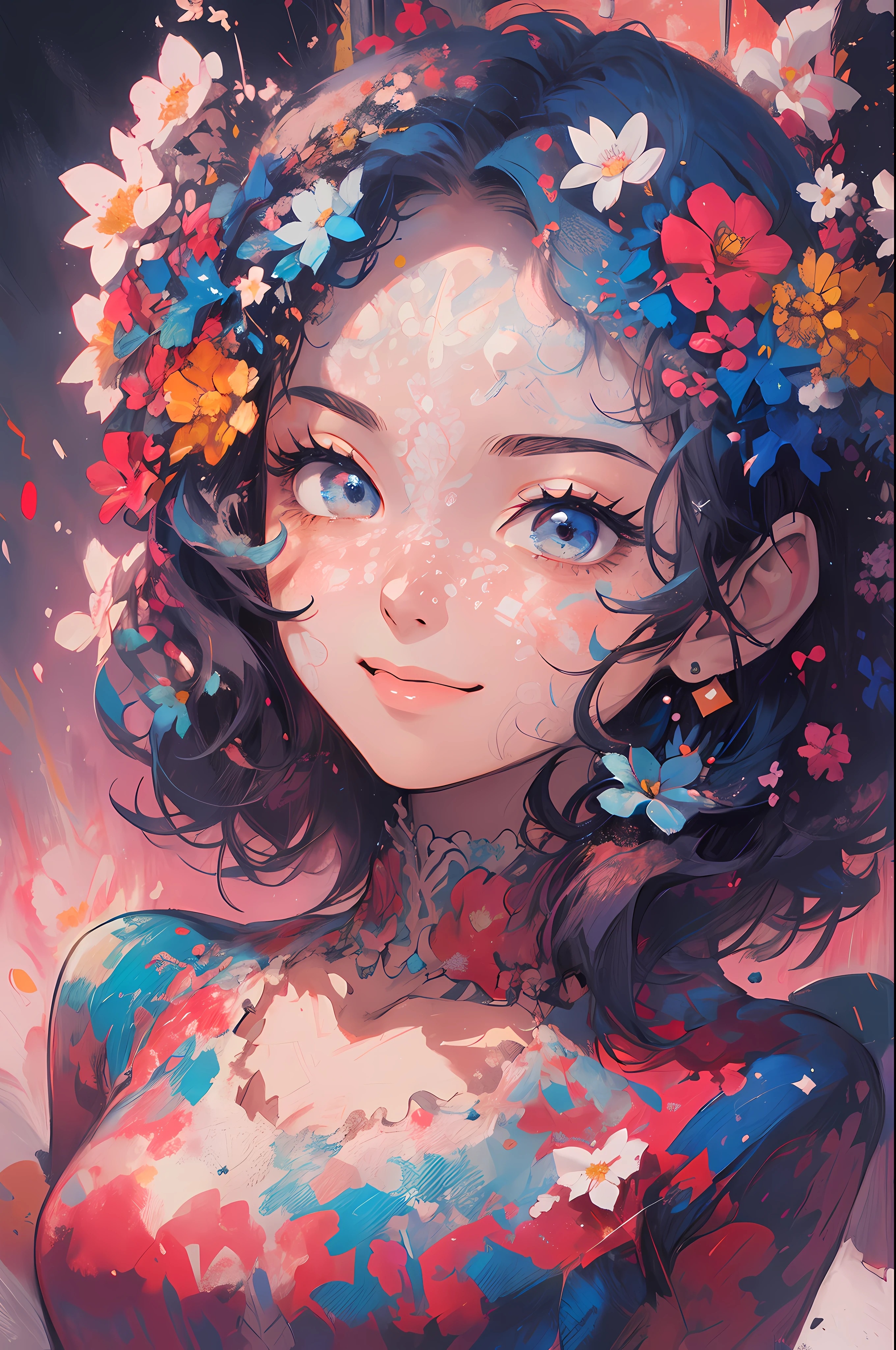 ((flowercrown)),Contemporary art created by tracing traces of colorful ink、​masterpiece、ultra-detailliert、pop-art、innocent smiles、eye glass、(1 girl, Solo:1.6),(Cute smile), (Best Impact:1.5), (maximalism:1.7), Vivid contrast, (Realistic), hyperrealistic illustrations, hight resolution, ultra-detailliert, absurderes,(Fractal Art:1.3)、One Piece Appearance、Random hairstyle、Random hair color colorful、FULL BODYSHOT、Retro、Precise focus、randome pose、cinema4d、Drama