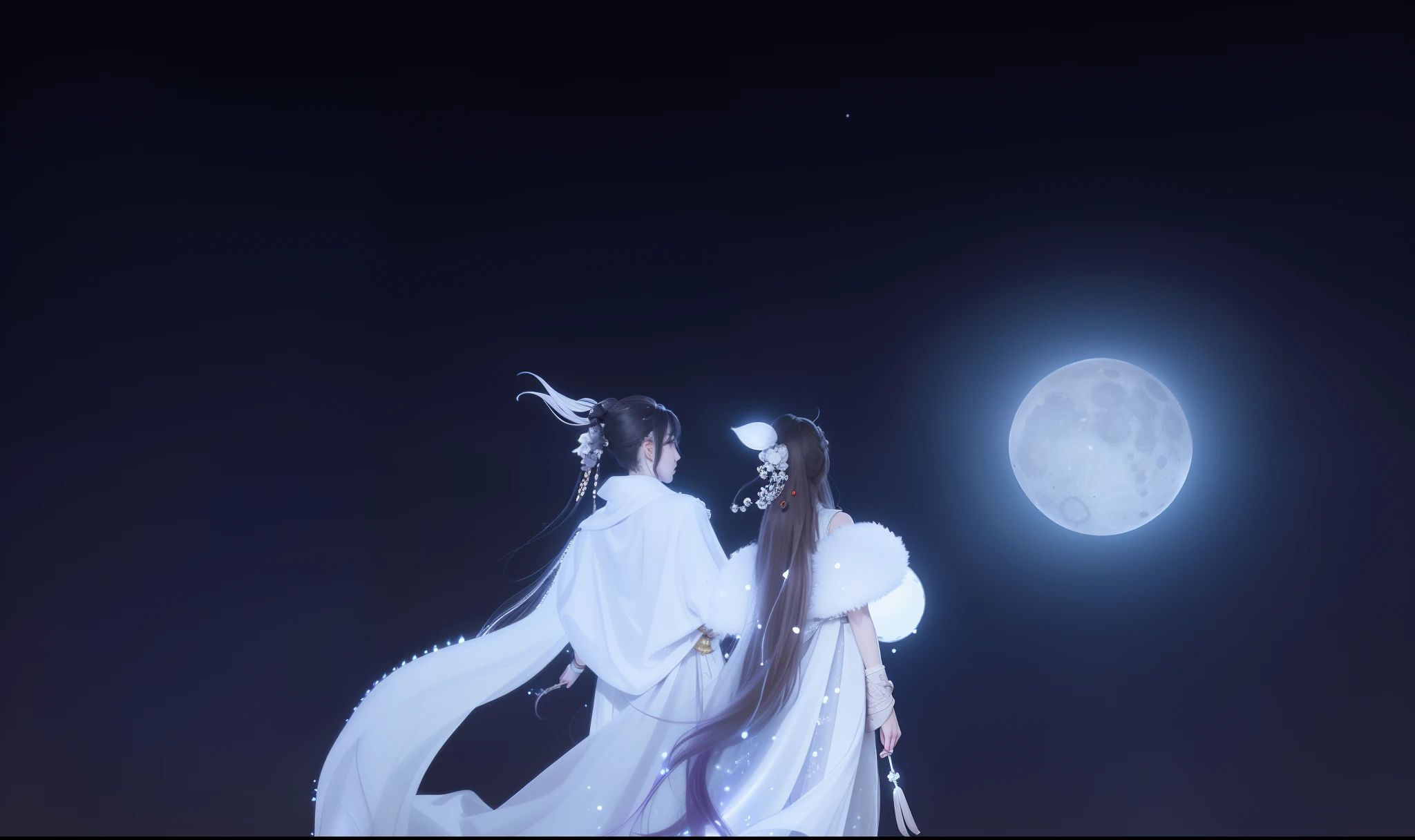 There is a couple in white standing in front of the full moon, lunar themed attire, A pure moon, ruan jia and brom, yiqiang and shurakrgt, on moon, the moon in the background, xianxia fantasy, god of moon, flowing white robe, nixeu and sakimichan, onmyoji