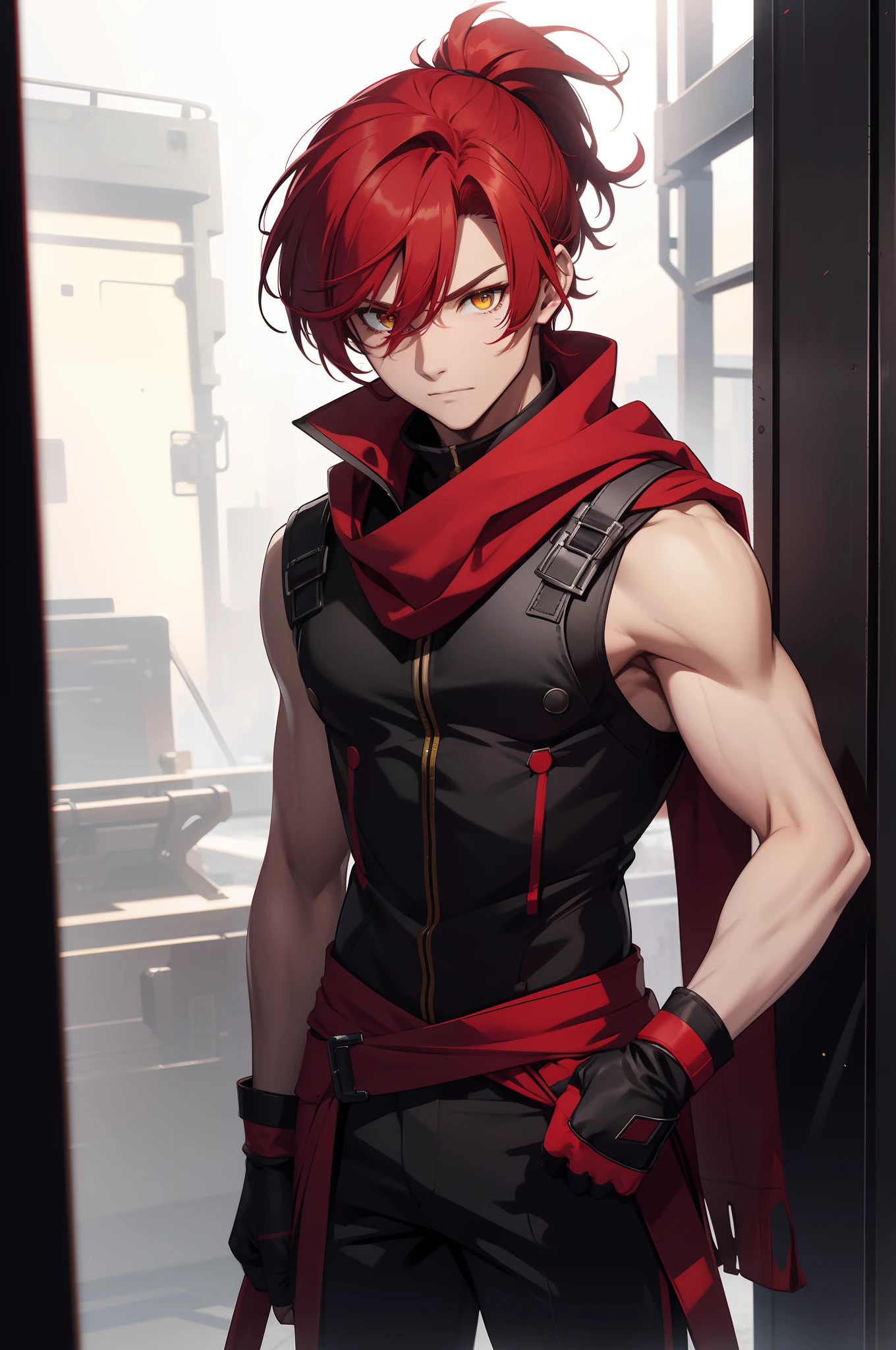 solo male, red hair, yellow eyes, ponytail, red scarf, red vest, sleeveless, black pants, black gloves, slim, up to legs