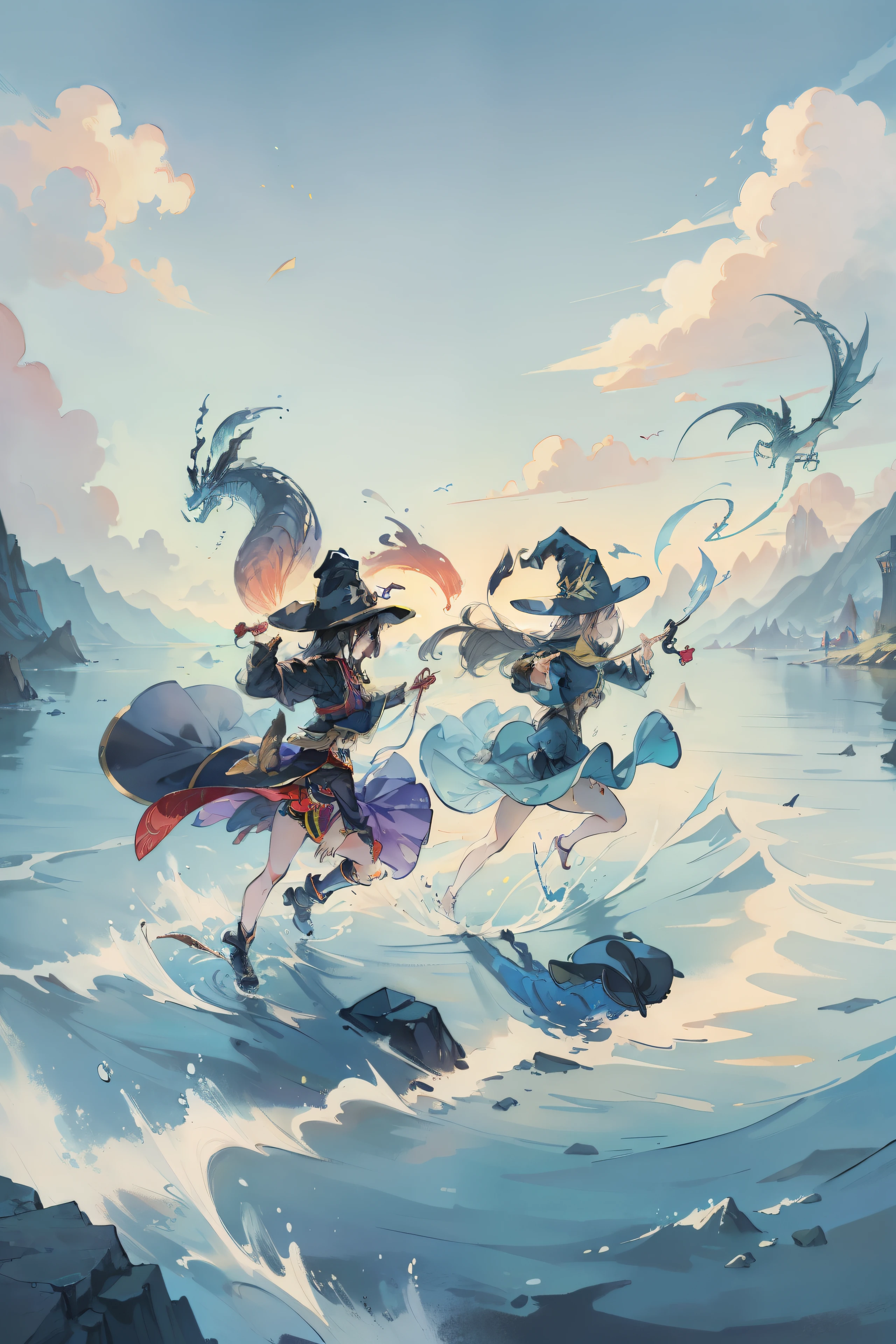 Bright colors,Magic background,loong background,water background,the sky background,2girls,witch hat,dragon horn,is very beautiful,Dress conservatively,Fighting posture
