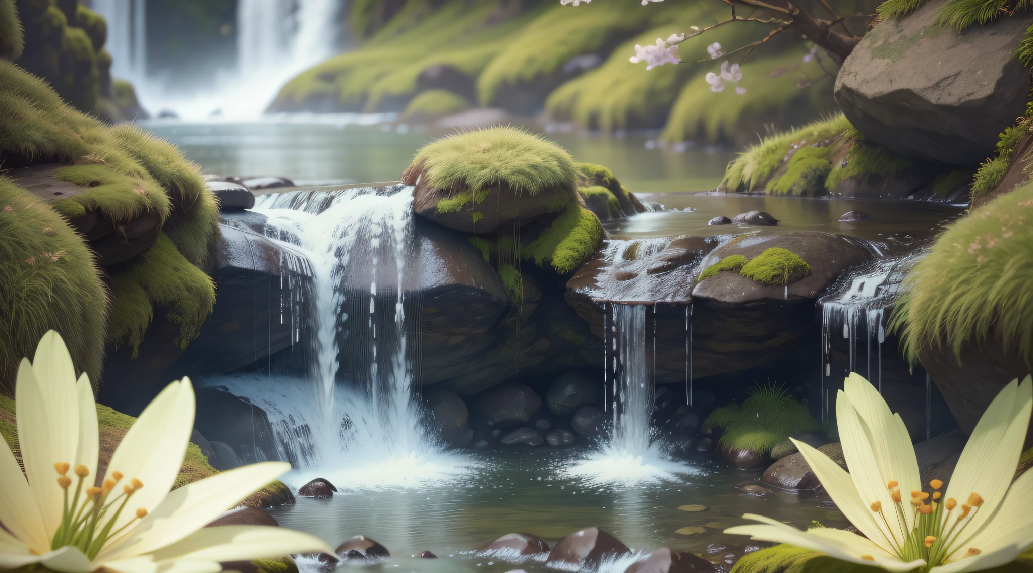 super realistic macro photo, focusing on waterfall, grass, moss and leaves, in the background some plants and flowers, sunny day, super detail, super detail, super detail, super detail, super detail, super detail