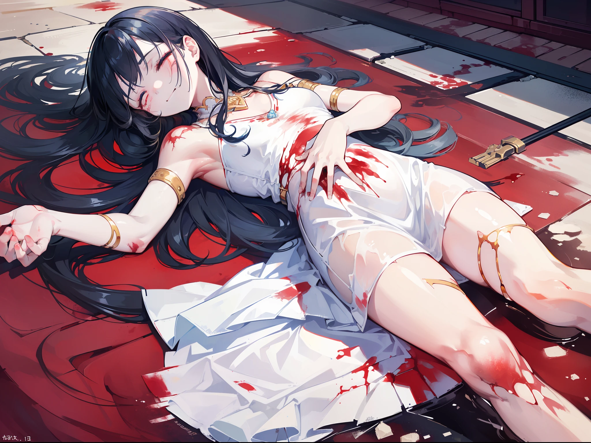 Anime , White and blue dress, blue hand and thigh accessories, (black hair), ((messy hair)), ((completely closed eyes)), gold ear decorations, nose, smiling, pale skin, ((((scars and many injuries on body and face)))), neck, shoulders, small chest, arms, hands emitting energy, thin waist, legs, small thigh, bare round feet, cute, gold stripes on dress, (((((laying dead in a river of blood))))), not breathing, cinematic light, high resolution, highest quality, ultra detailed, detailed face, (detailed eyes), best quality, hyper detailed, masterpiece, (detailed face), clean face, (((extremely torn and ruined clothes: 1.9))), ((((lying supine on the floor)))), ((((head in completely down on the floor))))), ((((blood and many many many scars on the floor and her body)))), ((((hands heavily exploded with blood, hands crippled and lying down))))