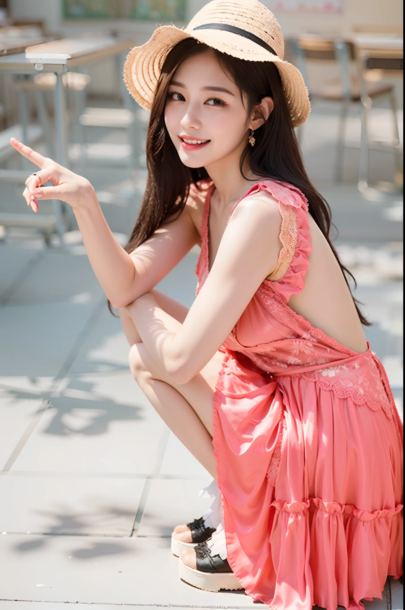 (((Medium hair))), best qualtiy, 8K, hdr, A high resolution, absurderes:1.2, blur backgroun, Background bokeh:1.2, photography of, (RAW photo:1.2), (真实感:1.4), (Masterpiece:1.3), (complexdetails:1.2), 1girll, 独奏, japanaese girl, delicated, Beautiful detailed, (Delicate double eyelids), (Detailed facial features), Bigboobs, (((Large breasts))), Skin Firm, (Looking_at_peeping at the viewer), From_Front, (being thin),(best qualtiy:1.4),(超A high resolution:1.2),cinematic lighitnglamplight,(Extremely detailed illustration),(Gloss on lips,best qualtiy,超A high resolution,depth of fields,Caustics,Extensive illumination,naturalshadow,85mm, f/1.4, iso 200, 1/160s:0.75),1girll, Solo, (((Silk vest))) Smile, ((silk garment,pleatedskirt,Classroom))