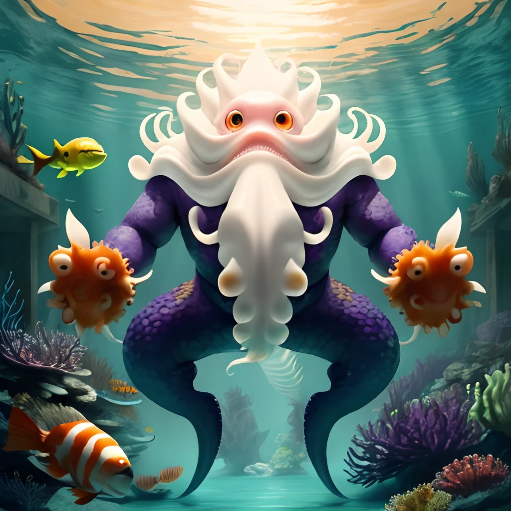 Octopus creature orange yellow black and white sea monster with sharp claws that have green water, big white tail, a huge mouth, eyes, long purple beard, long hair, 10 powerful heads and a giant head each with 10 eyes, and feet giants.
He's eating sharks, fish and garbage