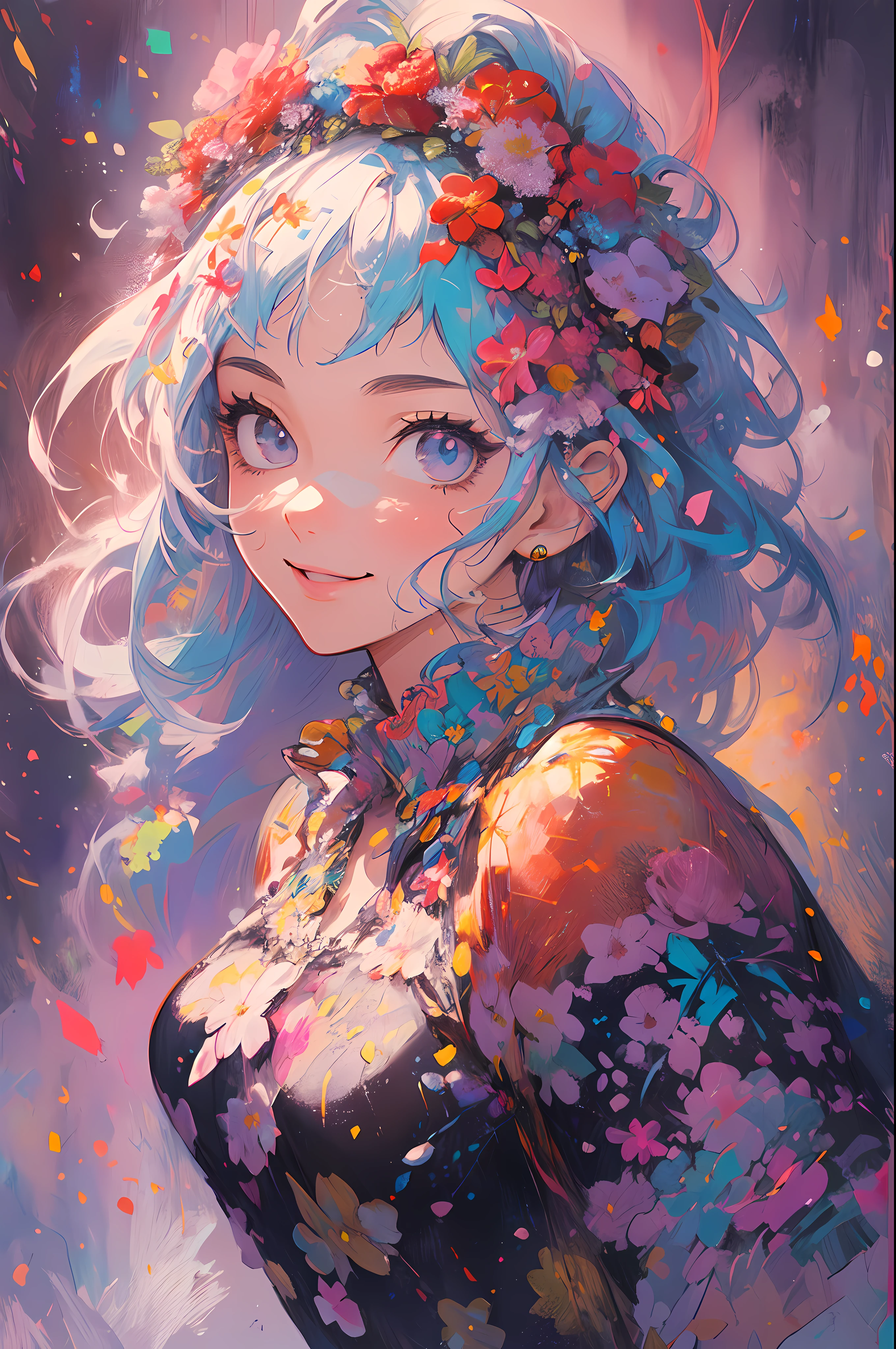 ((flowercrown)),Contemporary art created by tracing traces of colorful ink、​masterpiece、ultra-detailliert、pop-art、innocent smiles、eye glass、(1 girl, Solo:1.6),(Cute smile), (Best Impact:1.5), (maximalism:1.7), Vivid contrast, (Realistic), hyperrealistic illustrations, hight resolution, ultra-detailliert, absurderes,(Fractal Art:1.3)、One Piece Appearance、Random hairstyle、Random hair color colorful、FULL BODYSHOT、Retro、Precise focus、randome pose、cinema4d、Drama