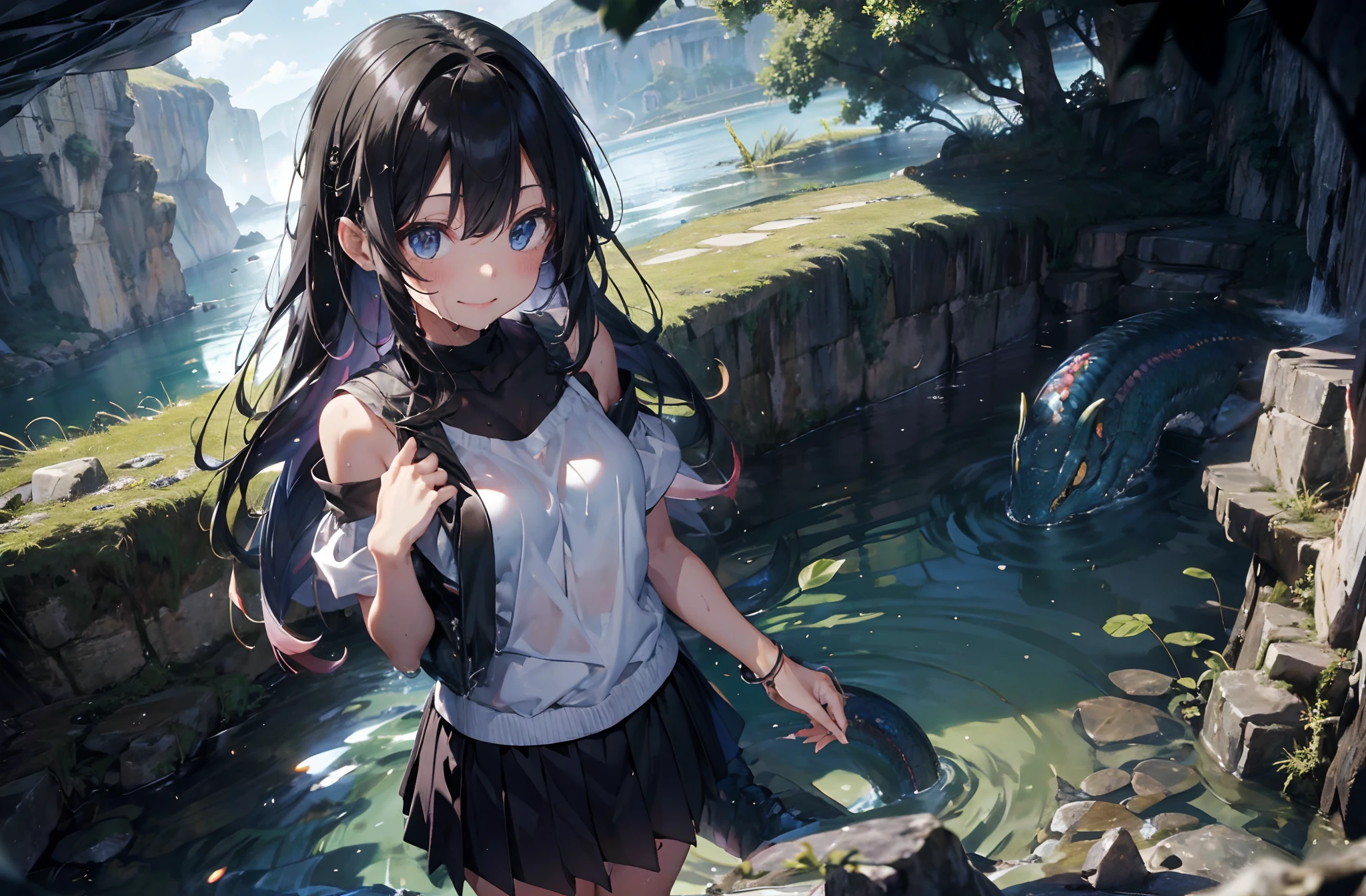 tmasterpiece, best qualityer, colorfulhair, Wear a nice miniskirt,Very thin clothes, Wet clothing, (In the cave), Underground, Big cave, rivers, (Glowing river:0.9), cute smiling,Leaking out of both shoulders