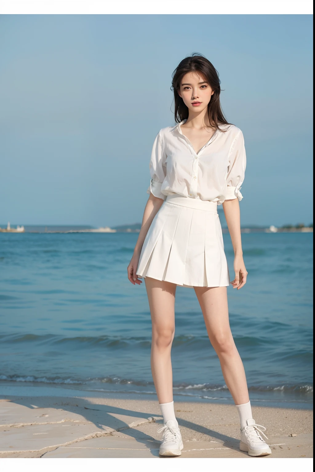 1 girl, shiny skin,best qualityer, Masterpiece, (Photorealistic: 1.4) , ((Best quality, 8K, Masterpiece: 1.3)),Clear focus: 1.2, Beautiful woman with perfect figure: 1.4,Very detailed face and skin texture, Detailed eyes, Double eyelids, Arad woman posing for a photo in a short skirt and shirt, wearing white skirt, White miniskirt, White skirt, cream colored blouse, elegant slim beige shirt, Cream peasant shirt, loose - fitting blouses, Pleated miniskirt, feminine in cute pastel shades, mini-skirts, frill, white trendy clothes, white fluffy cotton shorts,Nice long legs