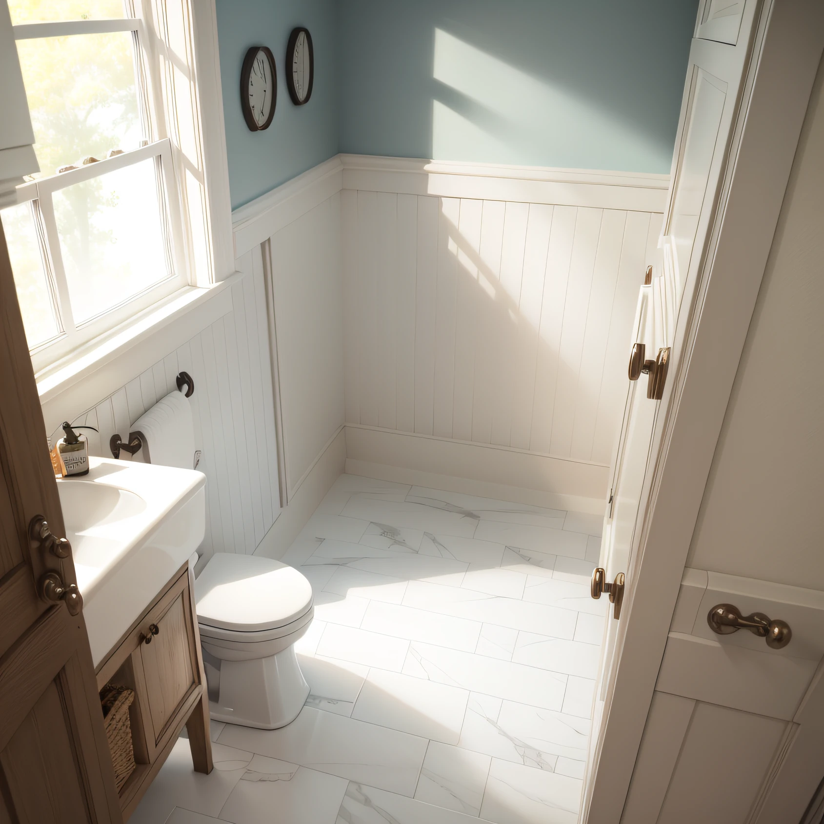 farmhouse white bathroom with Classic Subway Tile and Wainscoting