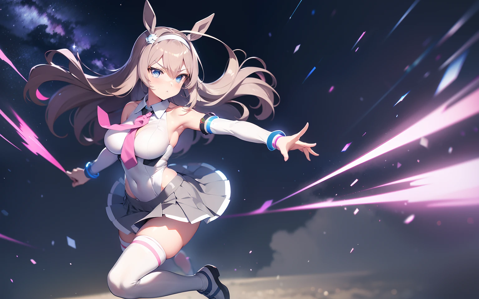 masutepiece, Best Quality, hight resolution,natta,starrysky,grass field, 1girl in, Solo, mihono bourbon \(umamusume\)

Racing competition costume :

grey hairband, glowing hair ornament, detached sleeves, bare shoulders, clothing cutout, pink necktie, white leotard, highleg leotard, pleated skirt, grey skirt, lowleg skirt, miniskirt, white thighhighs, grey footwear, Wearing sweat, blush, angry, 腹を立てた, perfectly proportions, tiny waist, Big hips, Big breasts, blush, Kicking, Dynamic Arm, Dynamic Leg, Side view, Battle Damage, Full body,