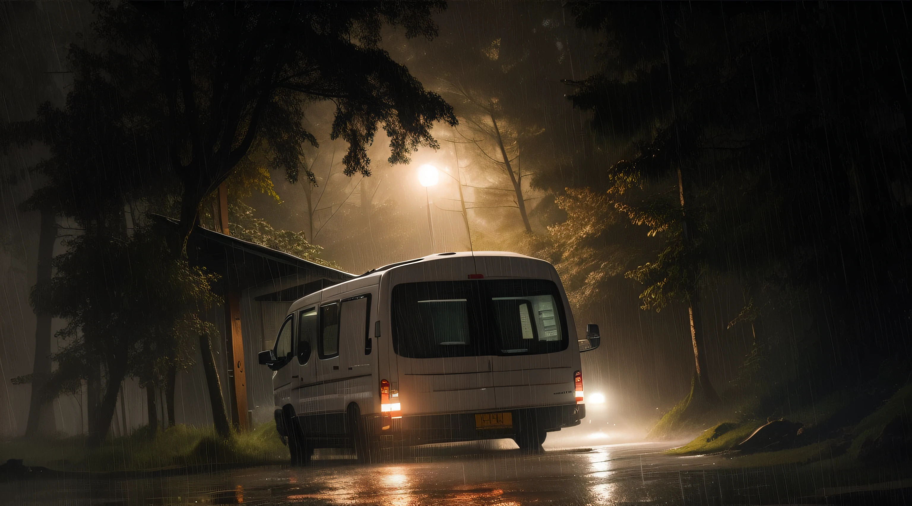 Very heavy rain in a van cumper at night in the forest