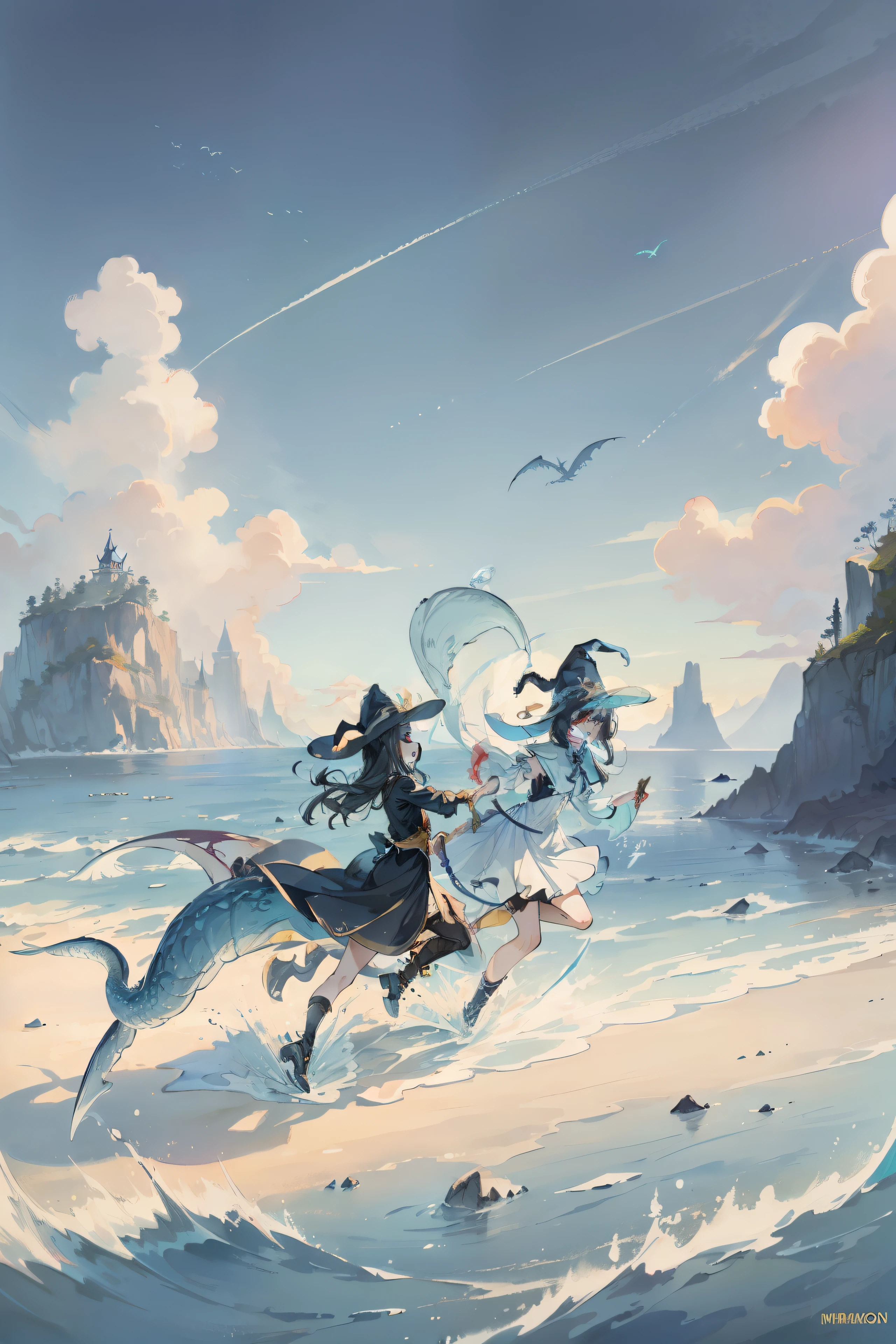 Bright colors,Magic background,loong background,water background,the sky background,2girls,witch hat,dragon horn,is very beautiful,Dress conservatively,Fighting posture